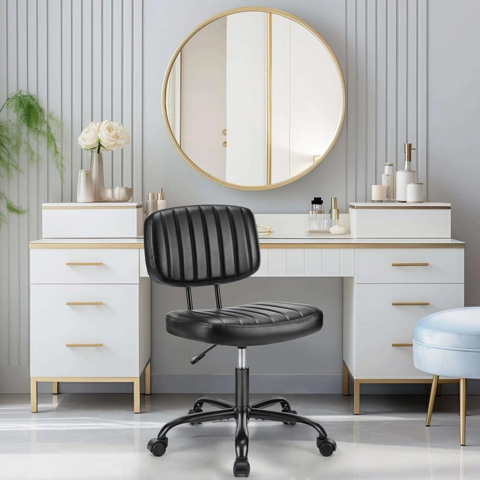 Armless Office Desk Chair with Lumbar Support & Swivel Wheels-WHITE / United States