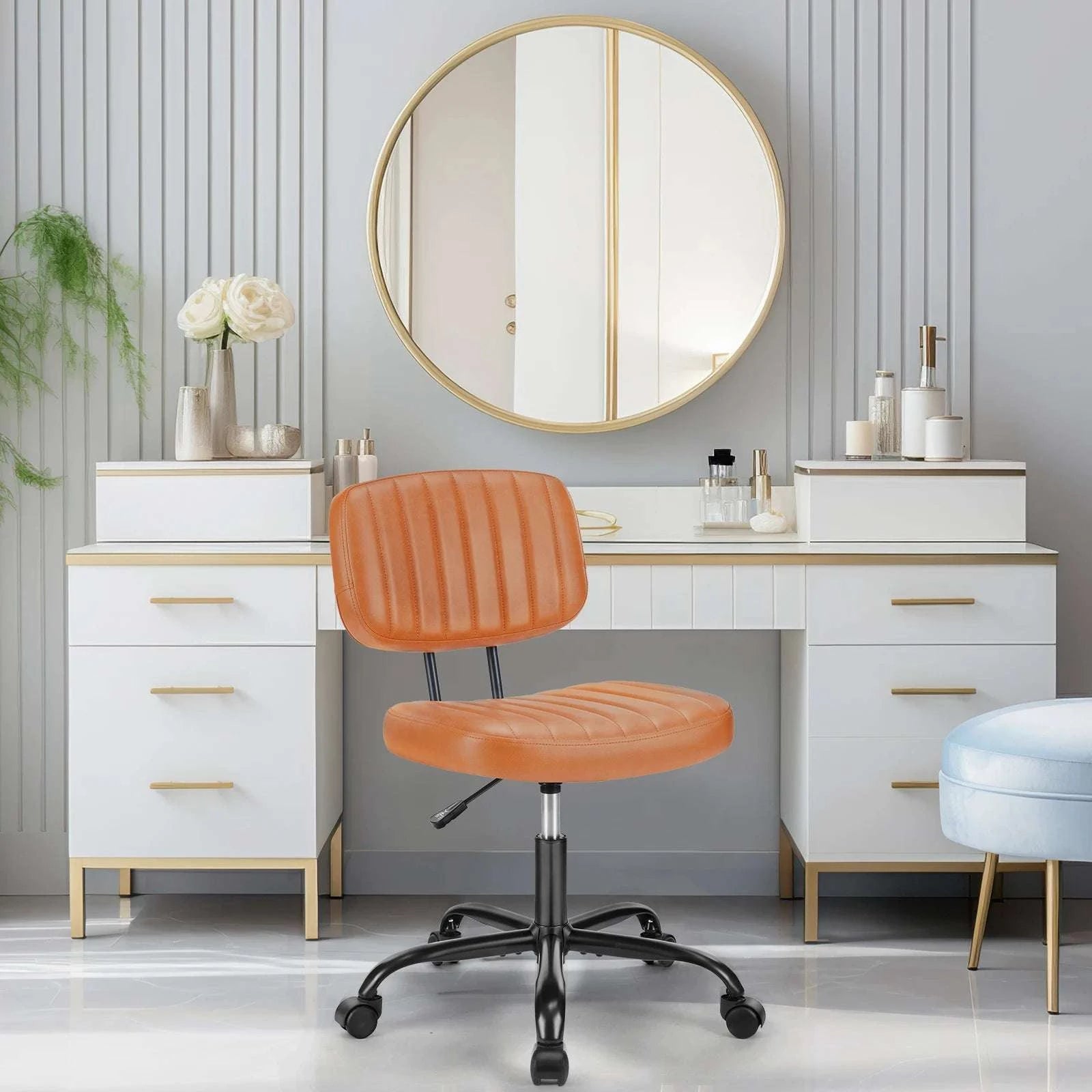 Armless Office Desk Chair with Lumbar Support & Swivel Wheels-WHITE / United States
