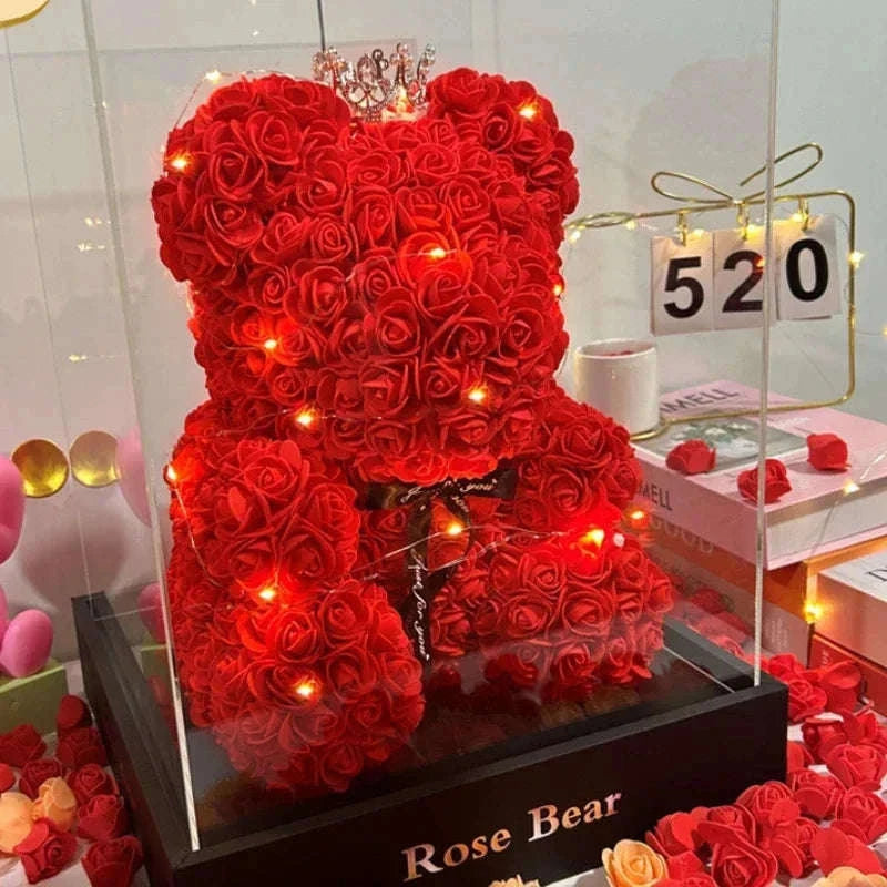 Artificial Flower Eternal Rose Teddy Bear Gift for Celebrations-PInk