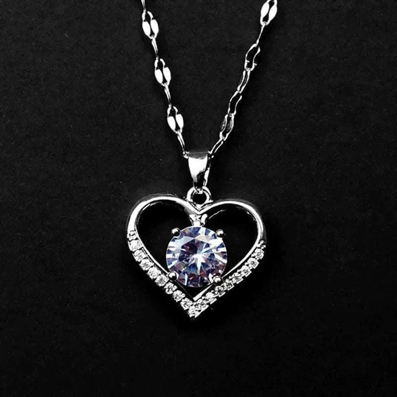 Artificial Gems Golden Heart Pendant Necklace-Steel color