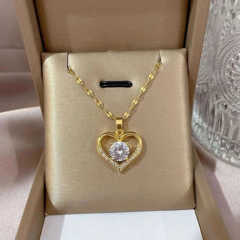 Artificial Gems Golden Heart Pendant Necklace-Steel color