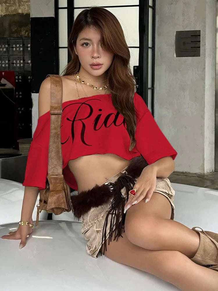 Asymmetrical Letter Print Crop Tee for Women with Skew Collar Fit-Red / S