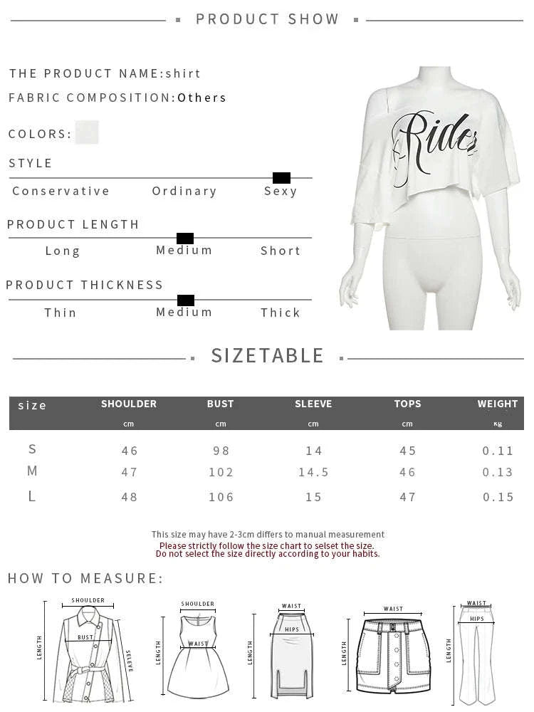 Asymmetrical Letter Print Crop Tee for Women with Skew Collar Fit-Red / S