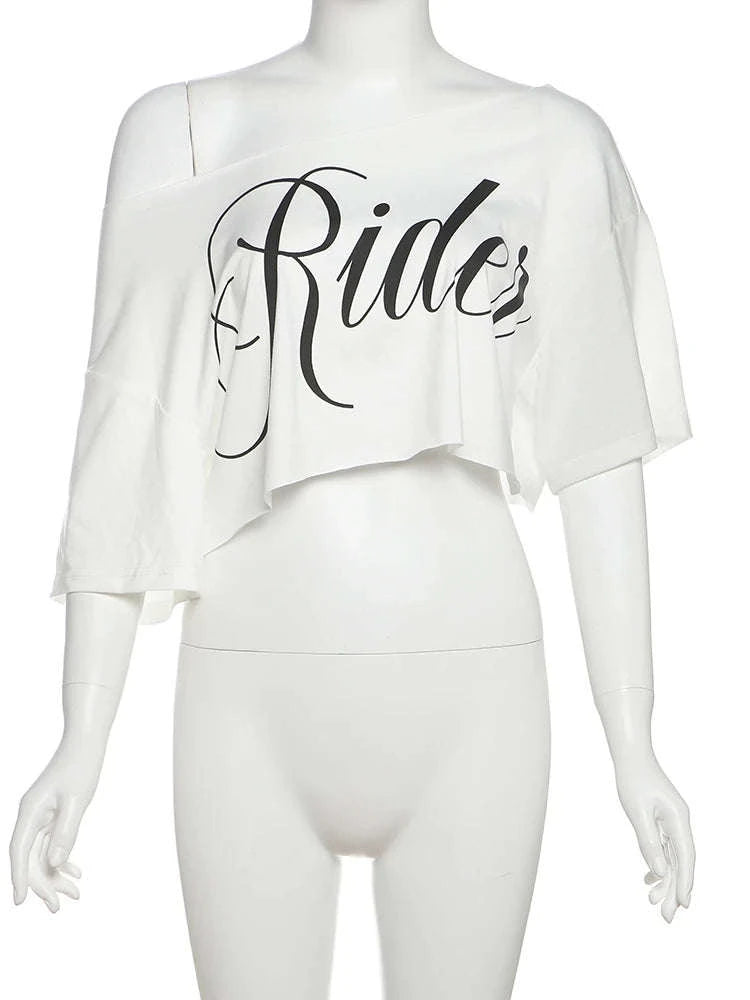 Asymmetrical Letter Print Crop Tee for Women with Skew Collar Fit-Red / S