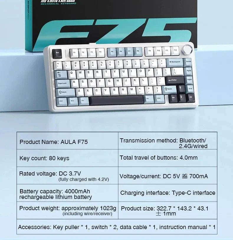 AULA F75 Wireless Mechanical Keyboard RGB 75% Hot Swap 78-Key-Reef Black / White Switch