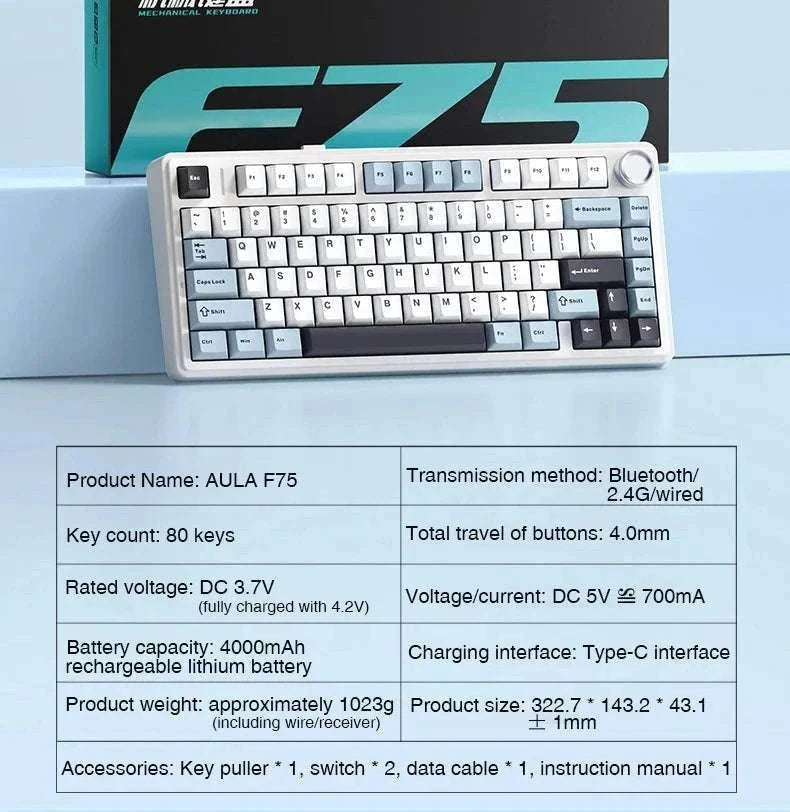 AULA F75 Wireless Mechanical Keyboard RGB 75% Hot Swap 78-Key-Reef Black / White Switch