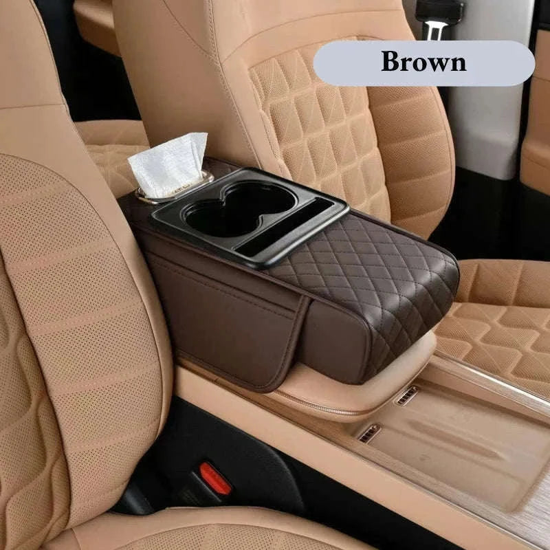 Auto Center Console Armrest Cushion with Dual Cup Holders-Brown