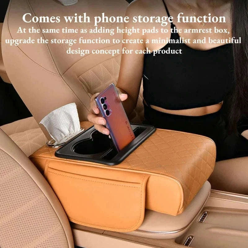 Auto Center Console Armrest Cushion with Dual Cup Holders-Brown