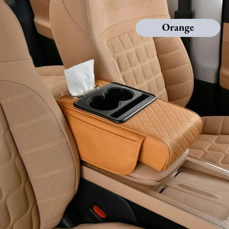 Auto Center Console Armrest Cushion with Dual Cup Holders-Brown