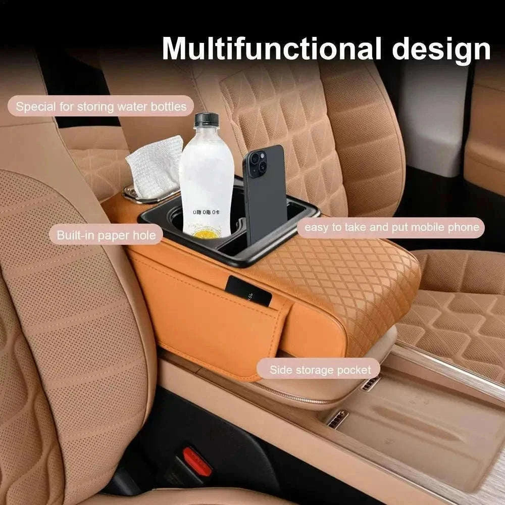 Auto Center Console Armrest Cushion with Dual Cup Holders-Brown