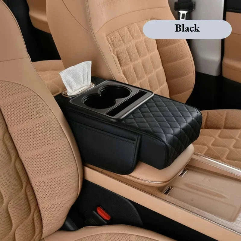 Auto Center Console Armrest Cushion with Dual Cup Holders-Brown