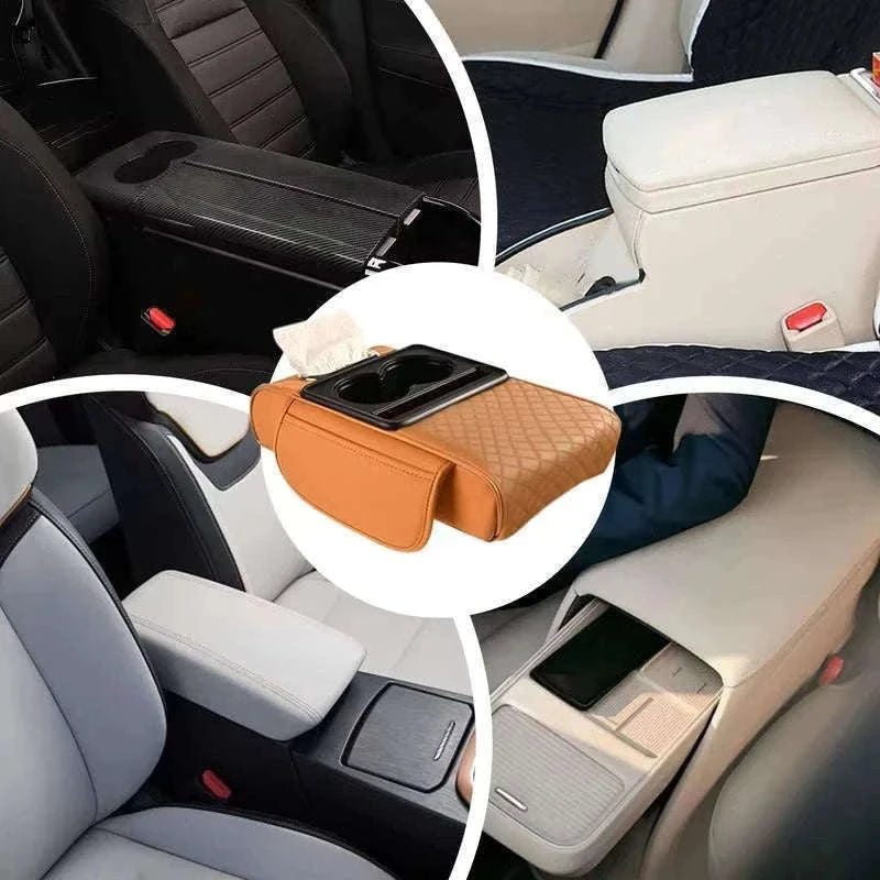 Auto Center Console Armrest Cushion with Dual Cup Holders-Brown