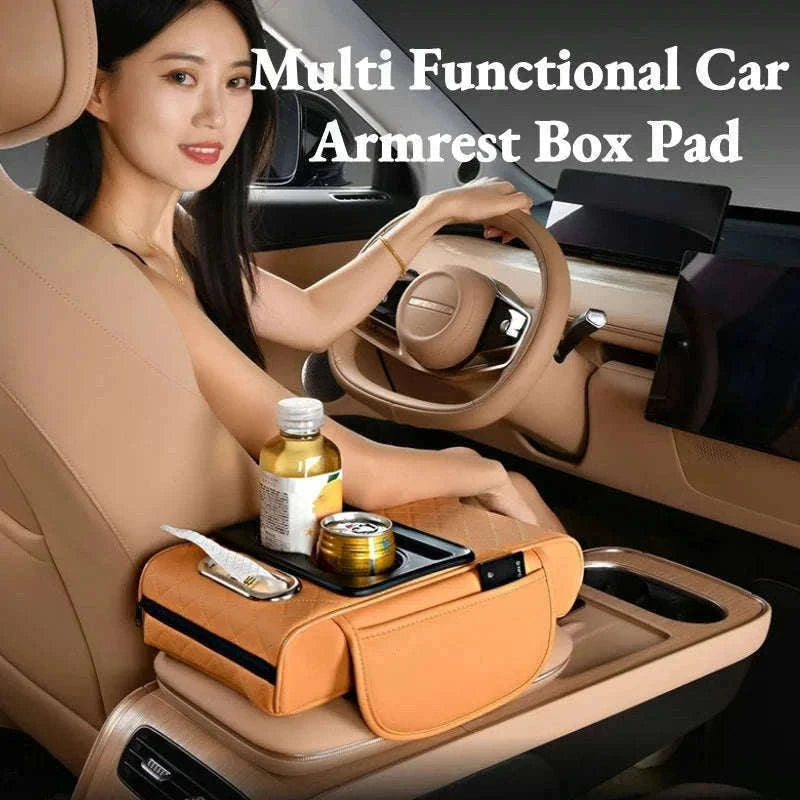 Auto Center Console Armrest Cushion with Dual Cup Holders-Brown