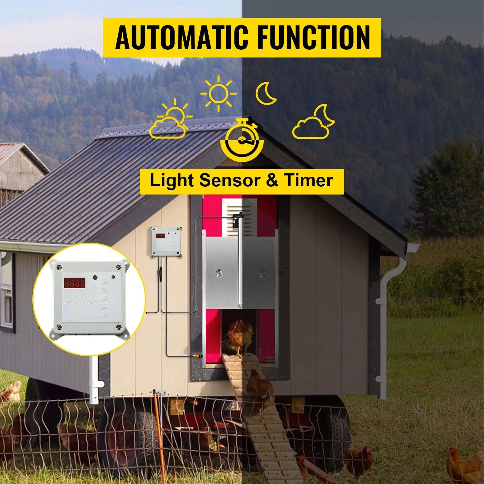 Automatic Chicken Coop Door with Timer, Light Sensor & 2 Remotes-EU plug / 11.8 x 11.8 in / france