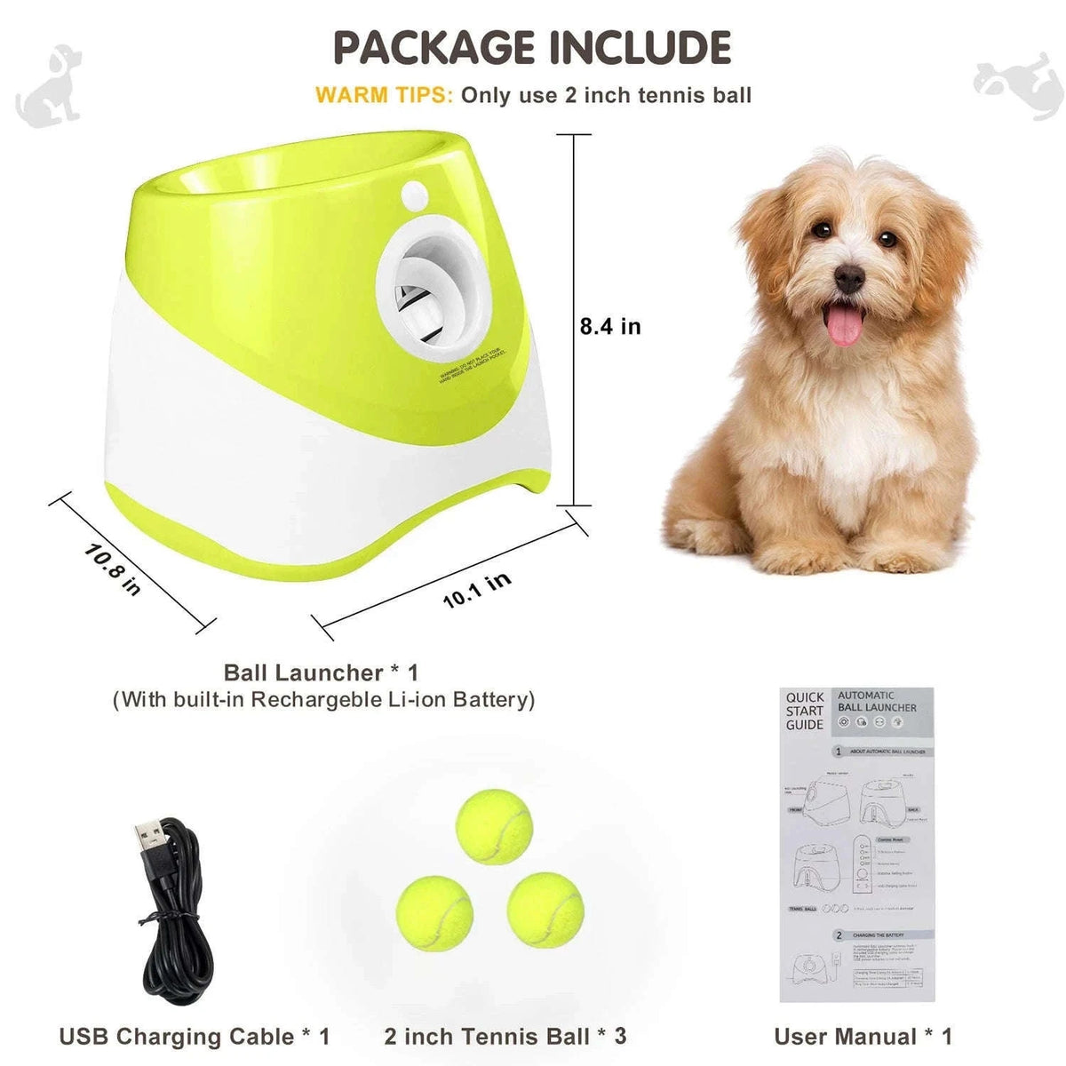 Automatic Dog Ball Launcher with 3 Distances, USB Rechargeable-with 3 tennis / france