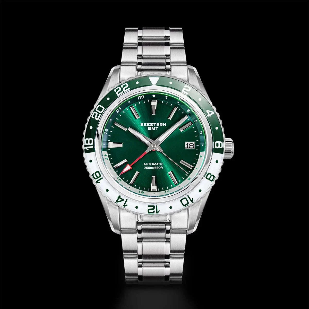 Automatic GMT Diver Watch NH34 Sapphire 200m Stainless Steel 41mm-Green