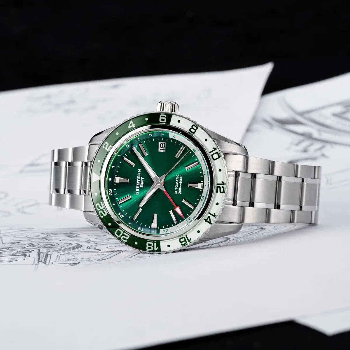 Automatic GMT Diver Watch NH34 Sapphire 200m Stainless Steel 41mm-Green