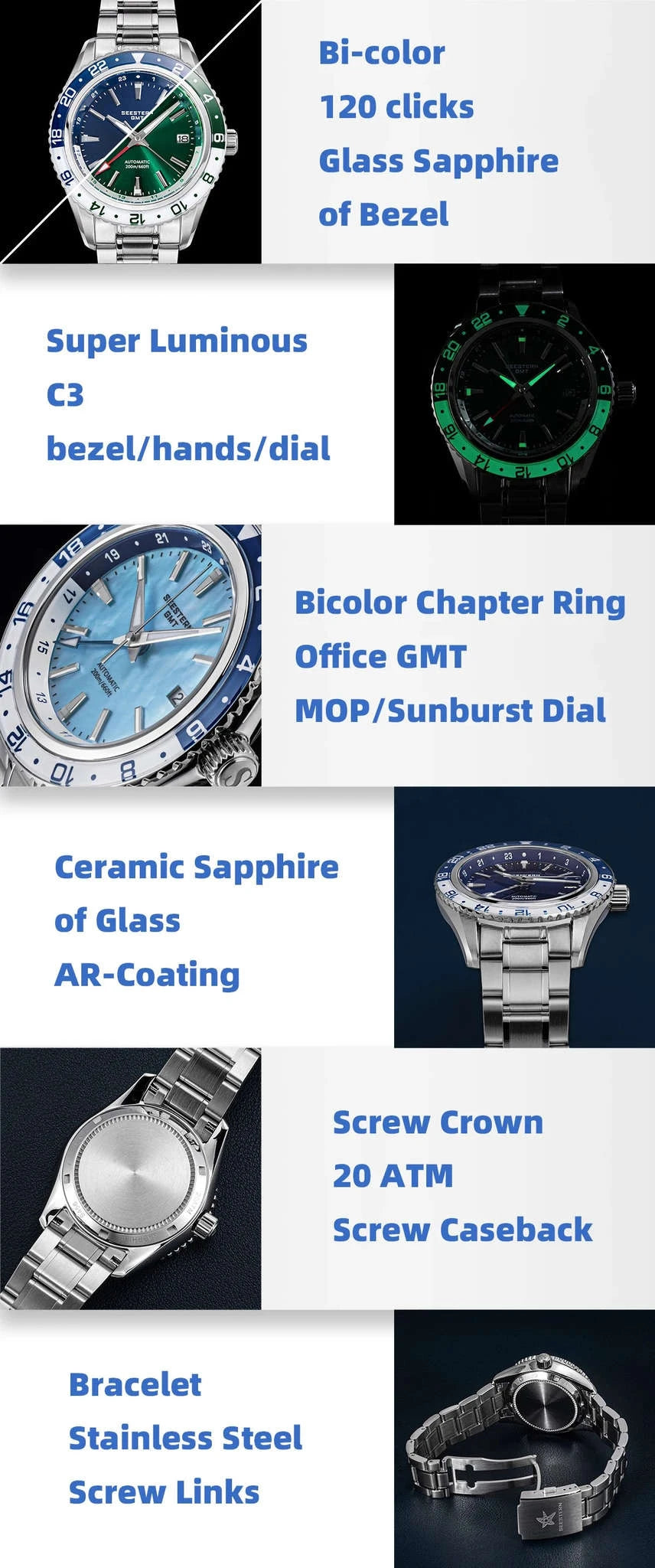 Automatic GMT Diver Watch NH34 Sapphire 200m Stainless Steel 41mm-Green