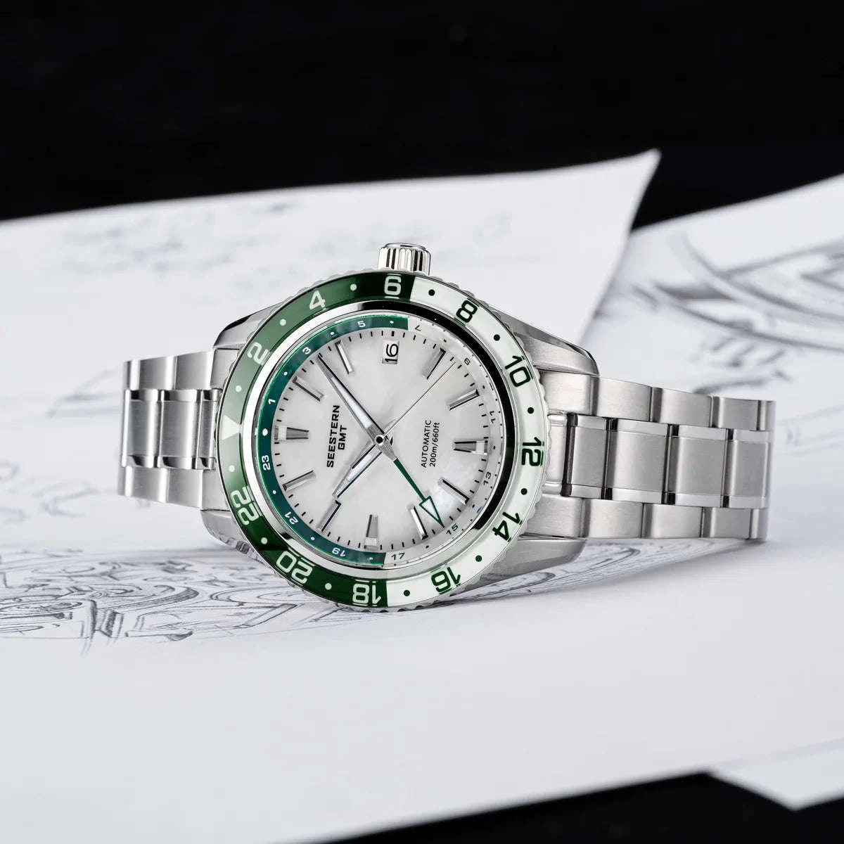 Automatic GMT Diver Watch NH34 Sapphire 200m Stainless Steel 41mm-Green