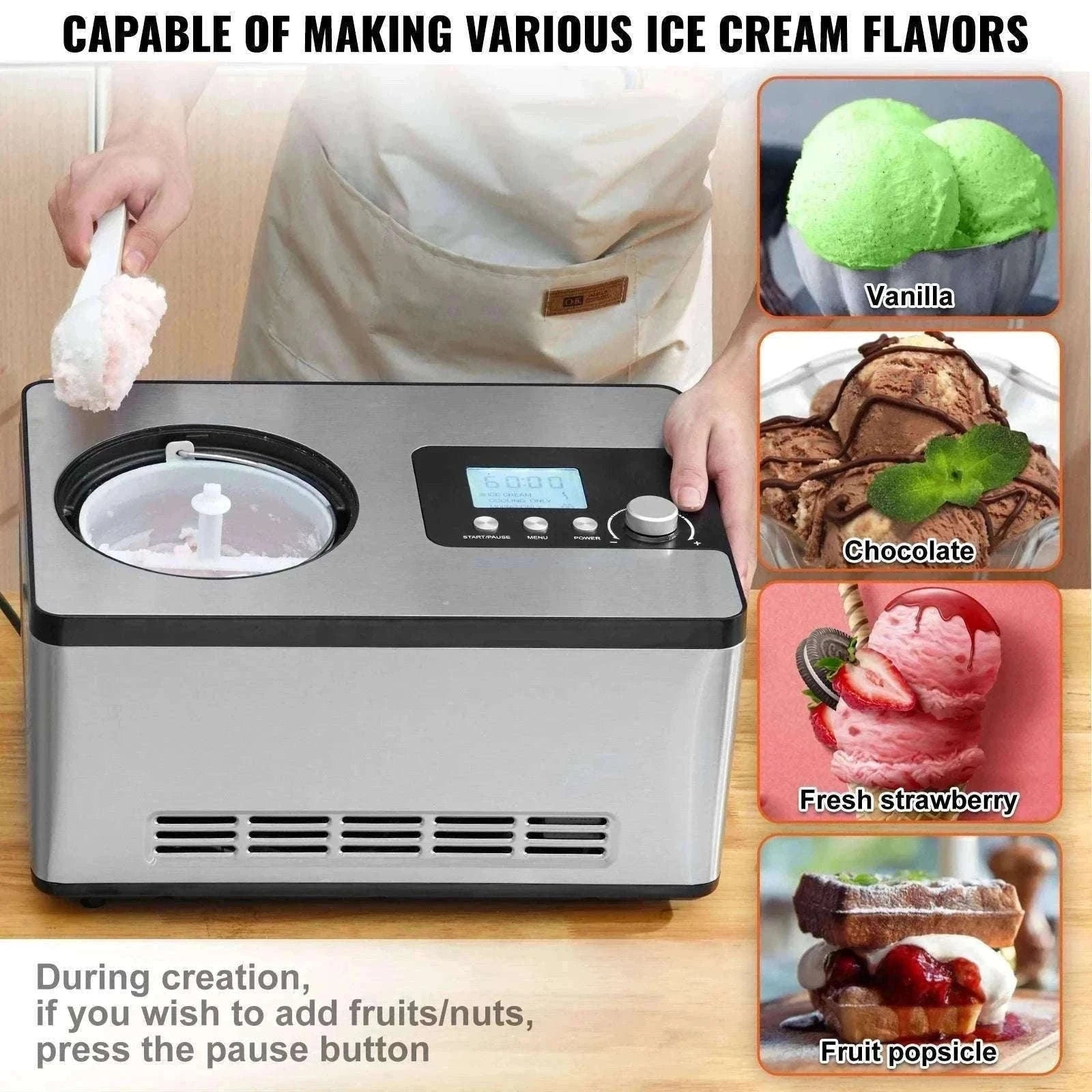 Automatic Ice Cream Maker 2Qt with Compressor No Pre-Freezing-spain
