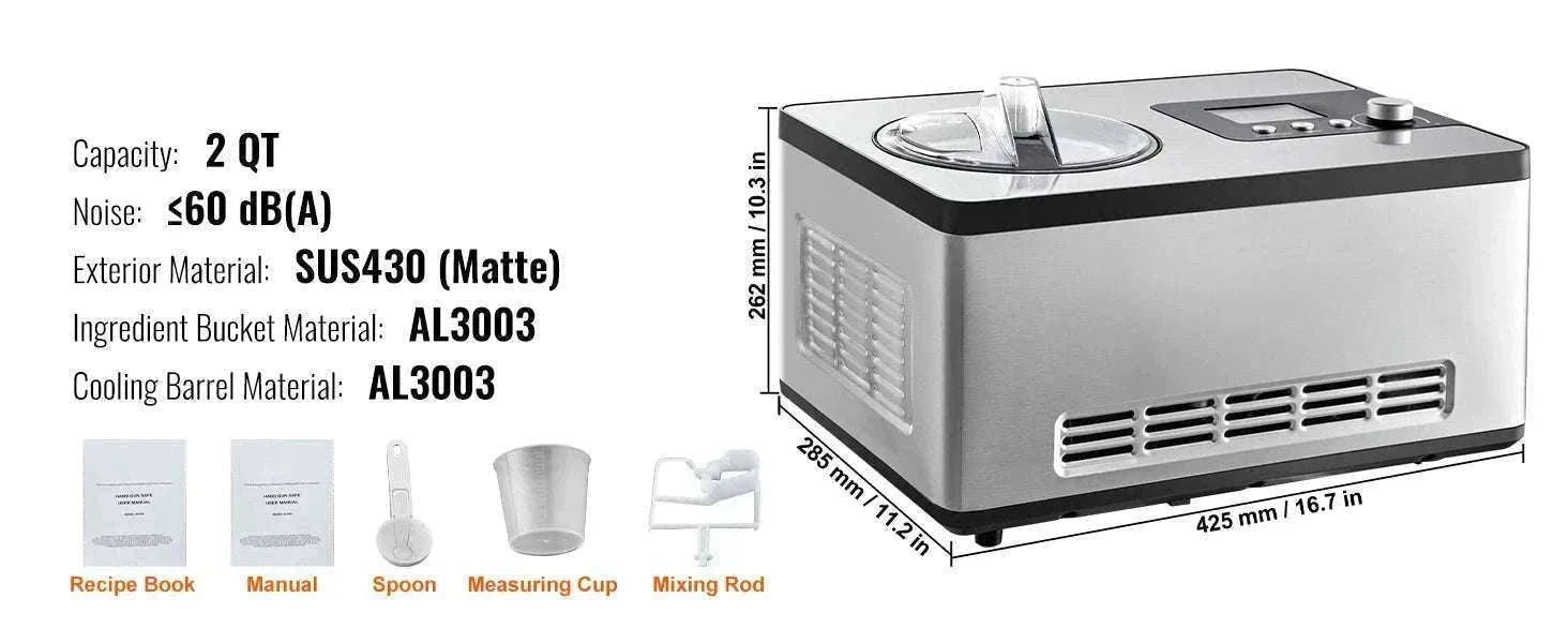 Automatic Ice Cream Maker 2Qt with Compressor No Pre-Freezing-spain