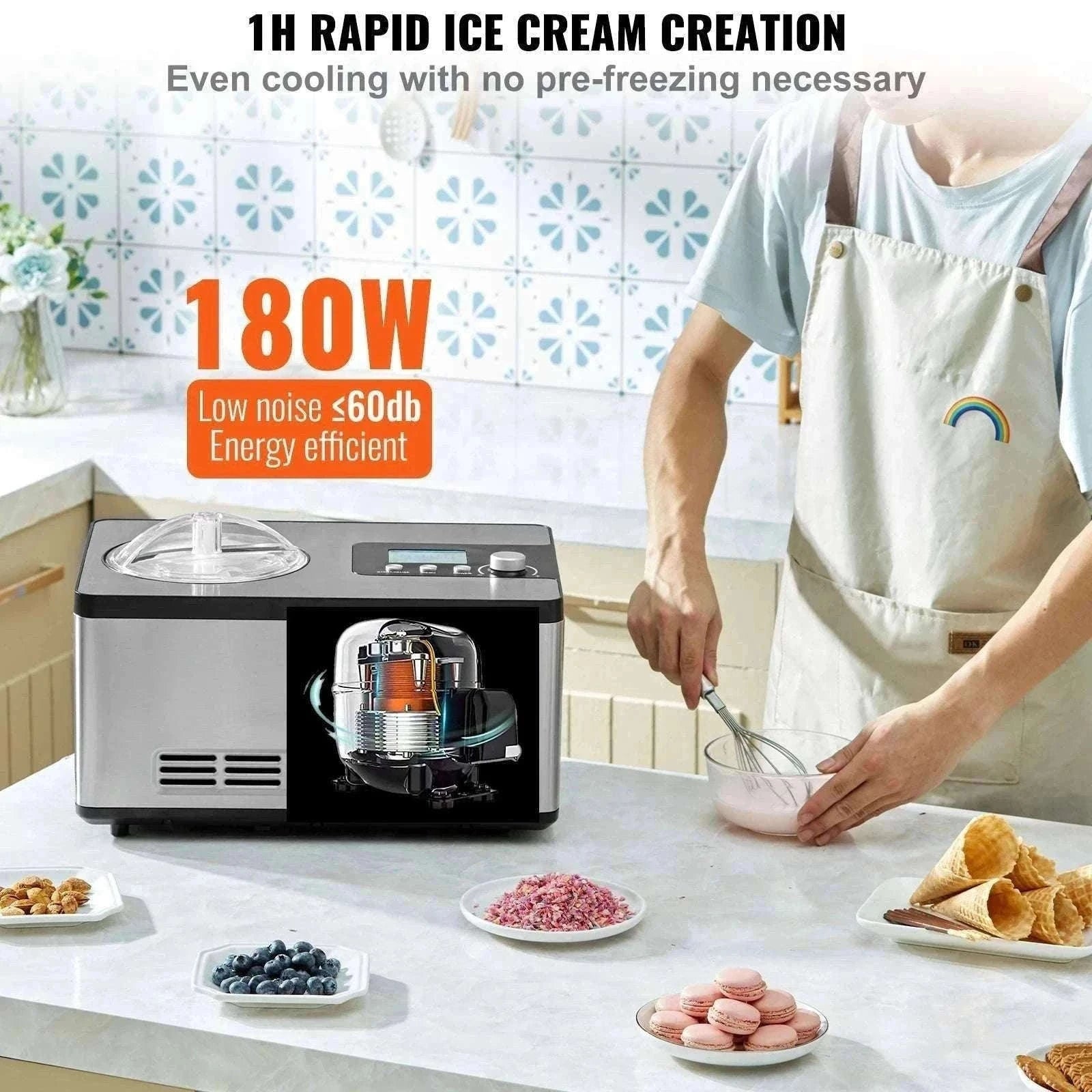 Automatic Ice Cream Maker 2Qt with Compressor No Pre-Freezing-spain