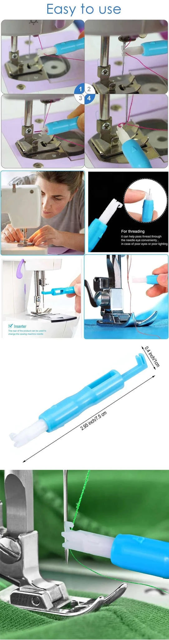 Automatic Sewing Needle Threader Tool with Needle Inserter-United States / Blue