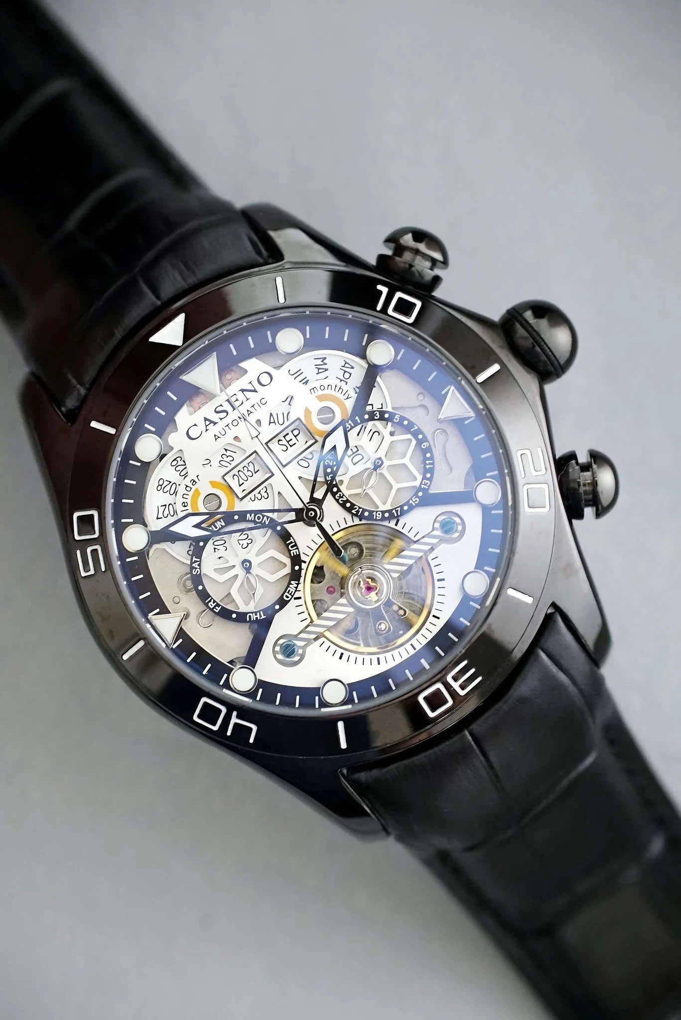 Automatic Skeleton Tourbillon Mechanical Watch with Leather Strap-Black Black Black
