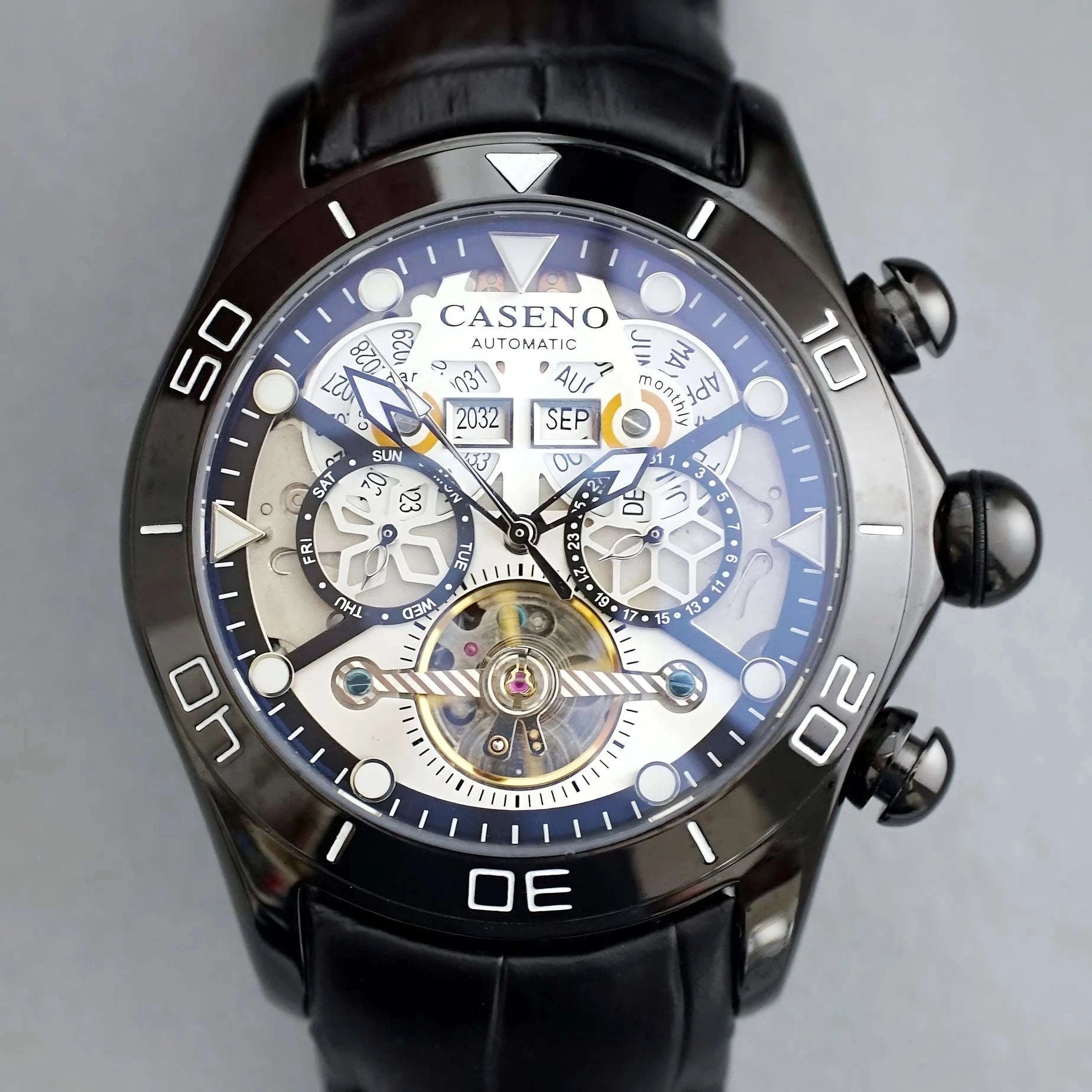 Automatic Skeleton Tourbillon Mechanical Watch with Leather Strap-Black Black Black