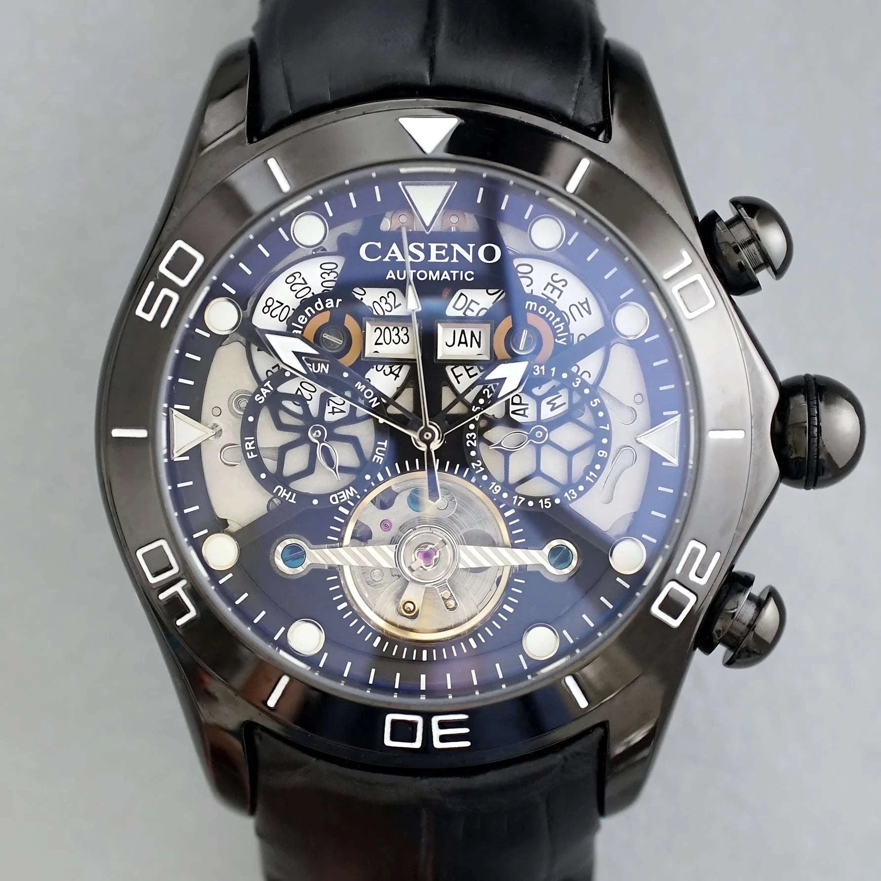 Automatic Skeleton Tourbillon Mechanical Watch with Leather Strap-Black Black Black