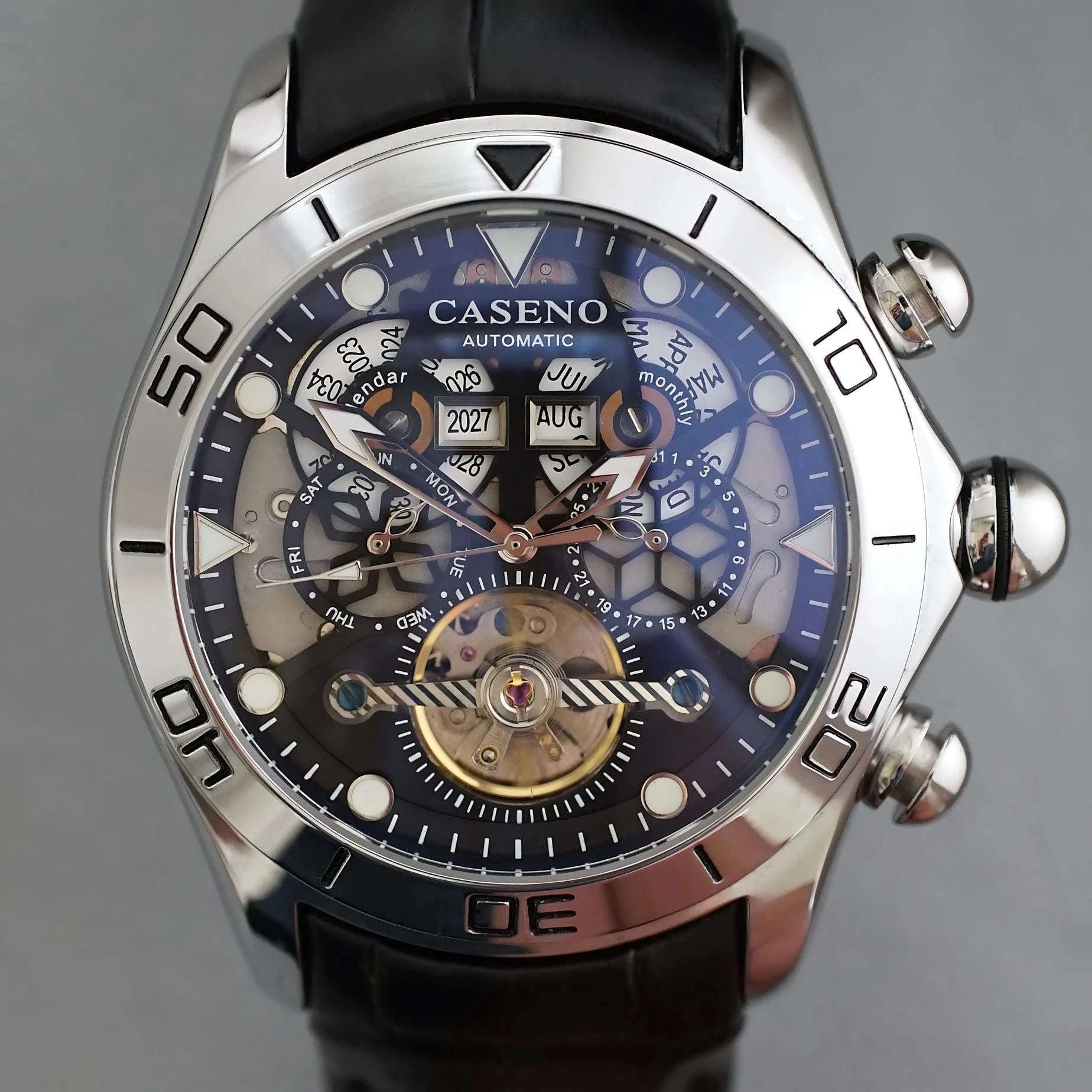 Automatic Skeleton Tourbillon Mechanical Watch with Leather Strap-Black Black Black