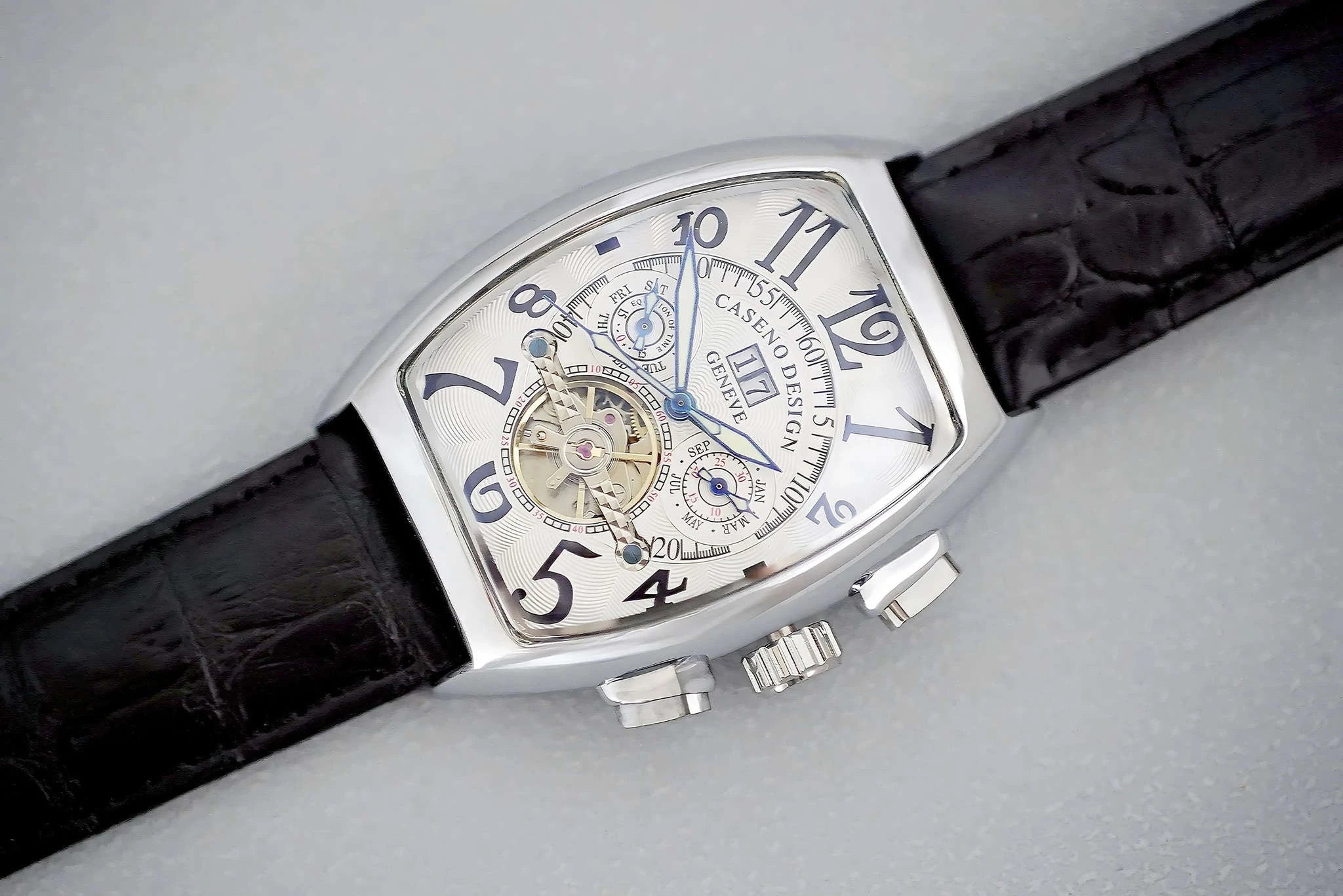 Automatic Skeleton Tourbillon Watch with Calendar and Luminous Dial-BLACK WHITE BLACK / China Mainland