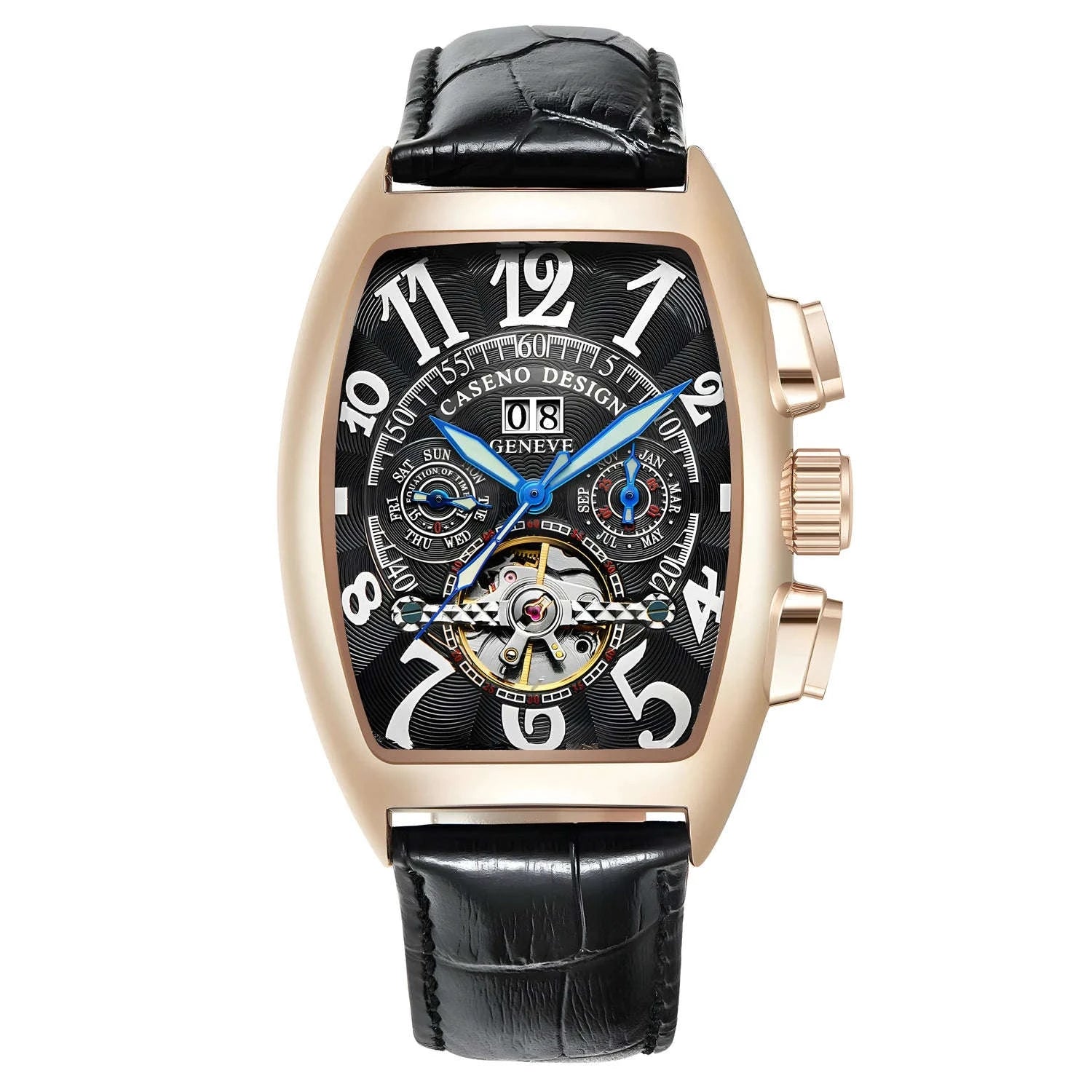 Automatic Skeleton Tourbillon Watch with Calendar and Luminous Dial-BLACK WHITE BLACK / China Mainland