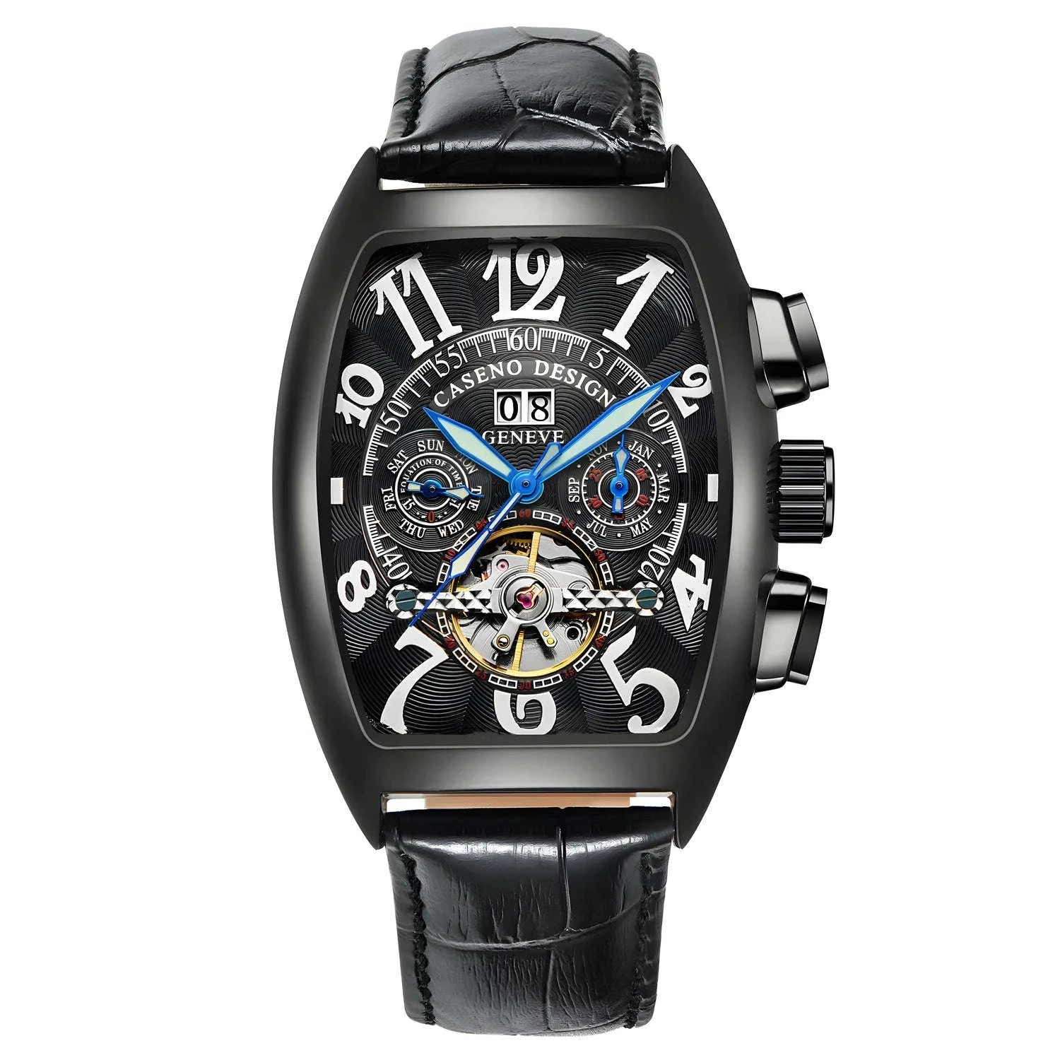 Automatic Skeleton Tourbillon Watch with Calendar and Luminous Dial-BLACK WHITE BLACK / China Mainland