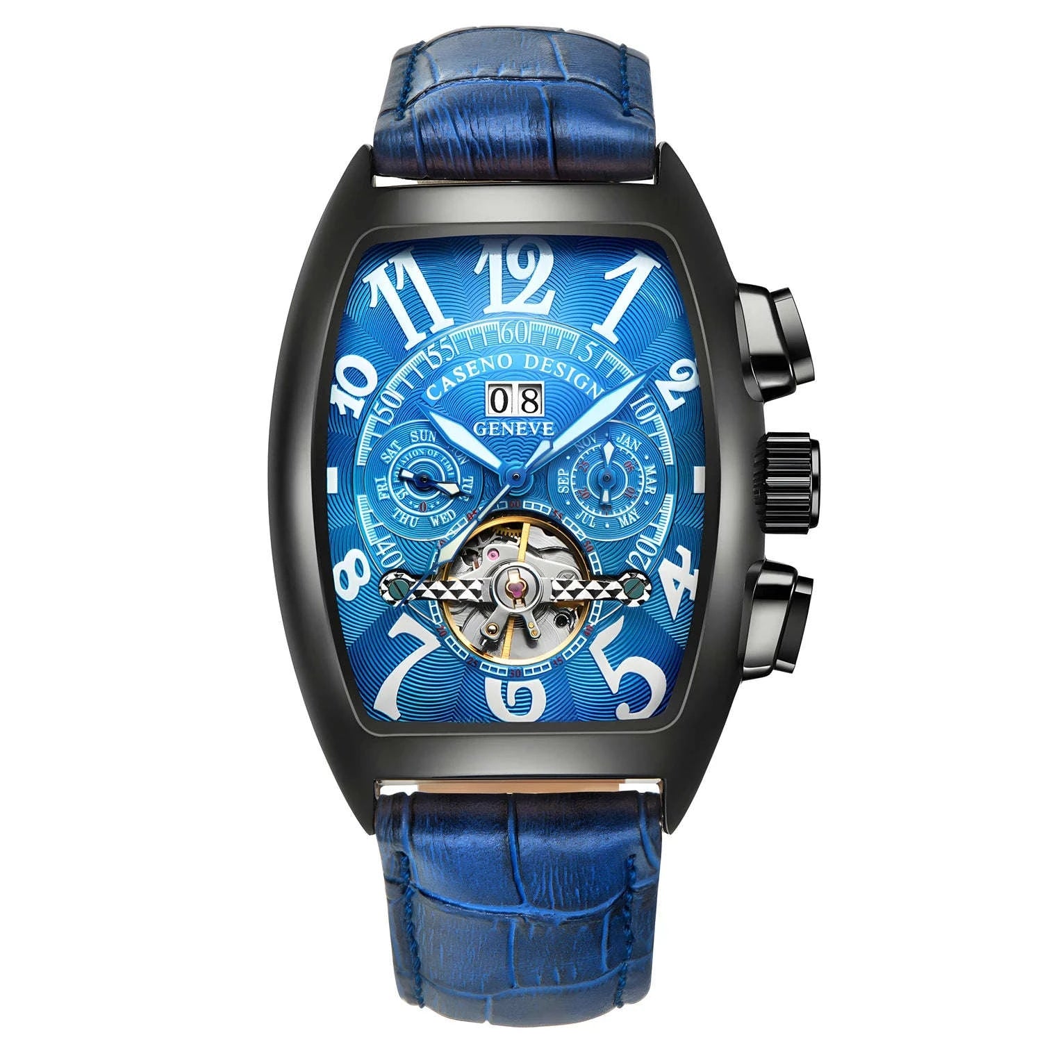 Automatic Skeleton Tourbillon Watch with Calendar and Luminous Dial-BLACK WHITE BLACK / China Mainland