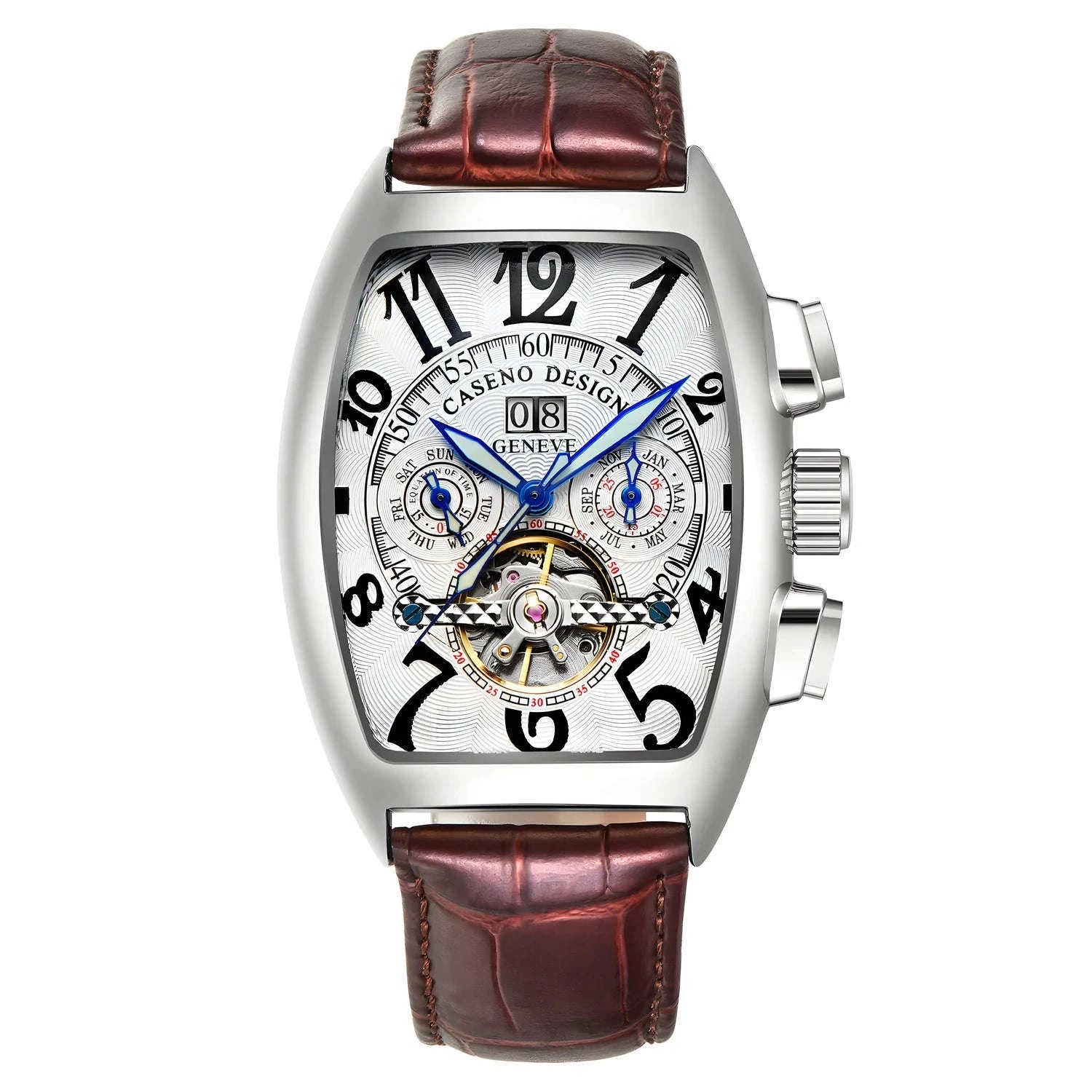Automatic Skeleton Tourbillon Watch with Calendar and Luminous Dial-BLACK WHITE BLACK / China Mainland