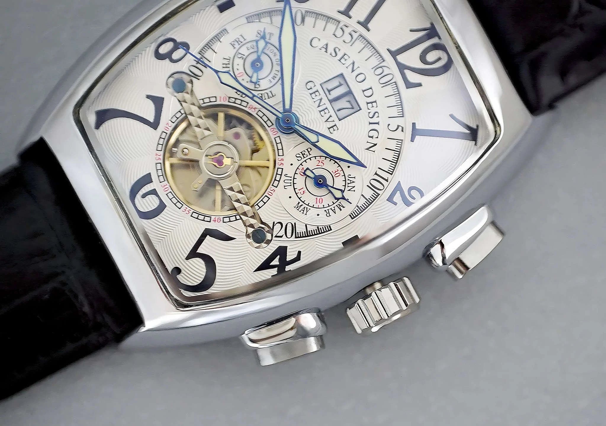 Automatic Skeleton Tourbillon Watch with Calendar and Luminous Dial-BLACK WHITE BLACK / China Mainland