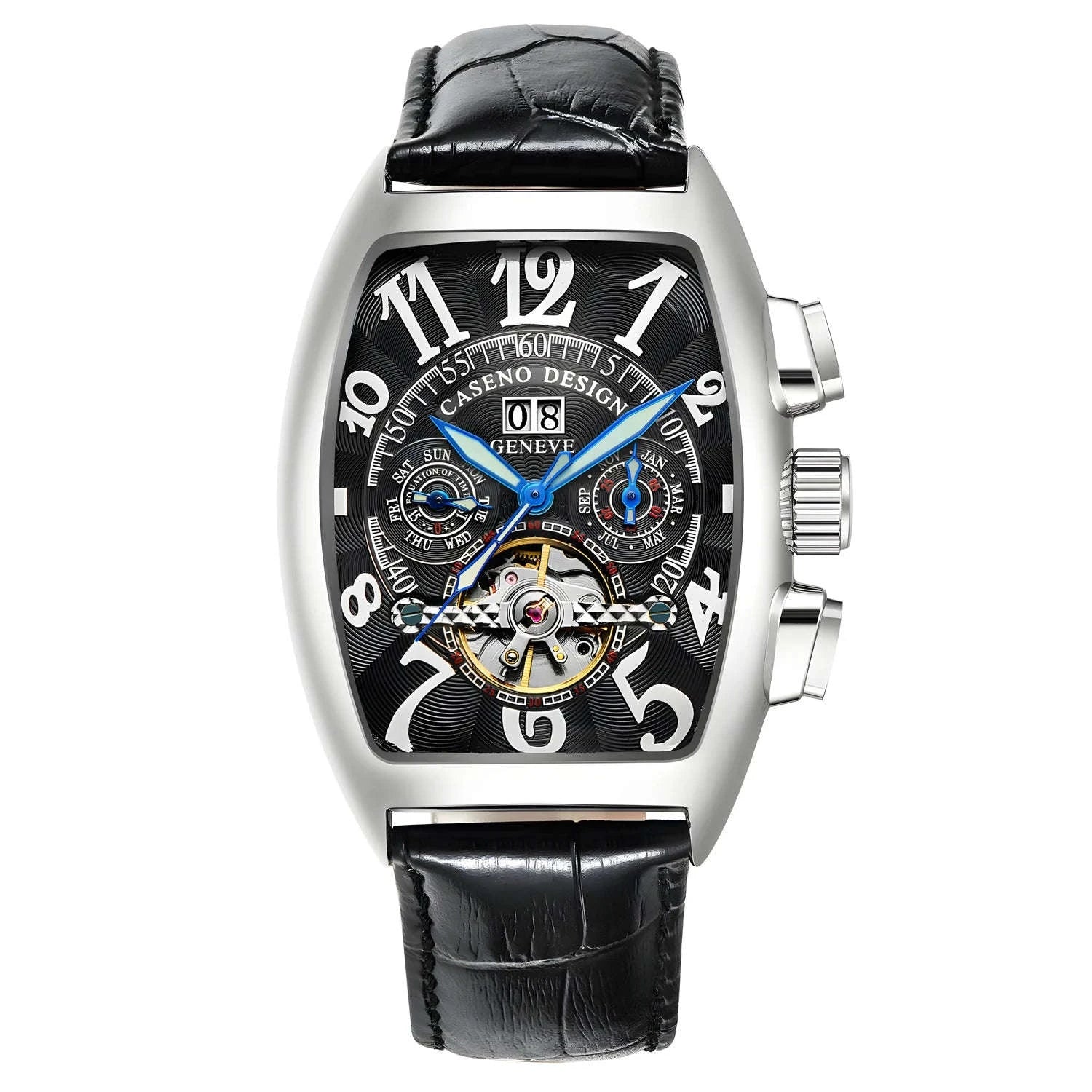 Automatic Skeleton Tourbillon Watch with Calendar and Luminous Dial-BLACK WHITE BLACK / China Mainland