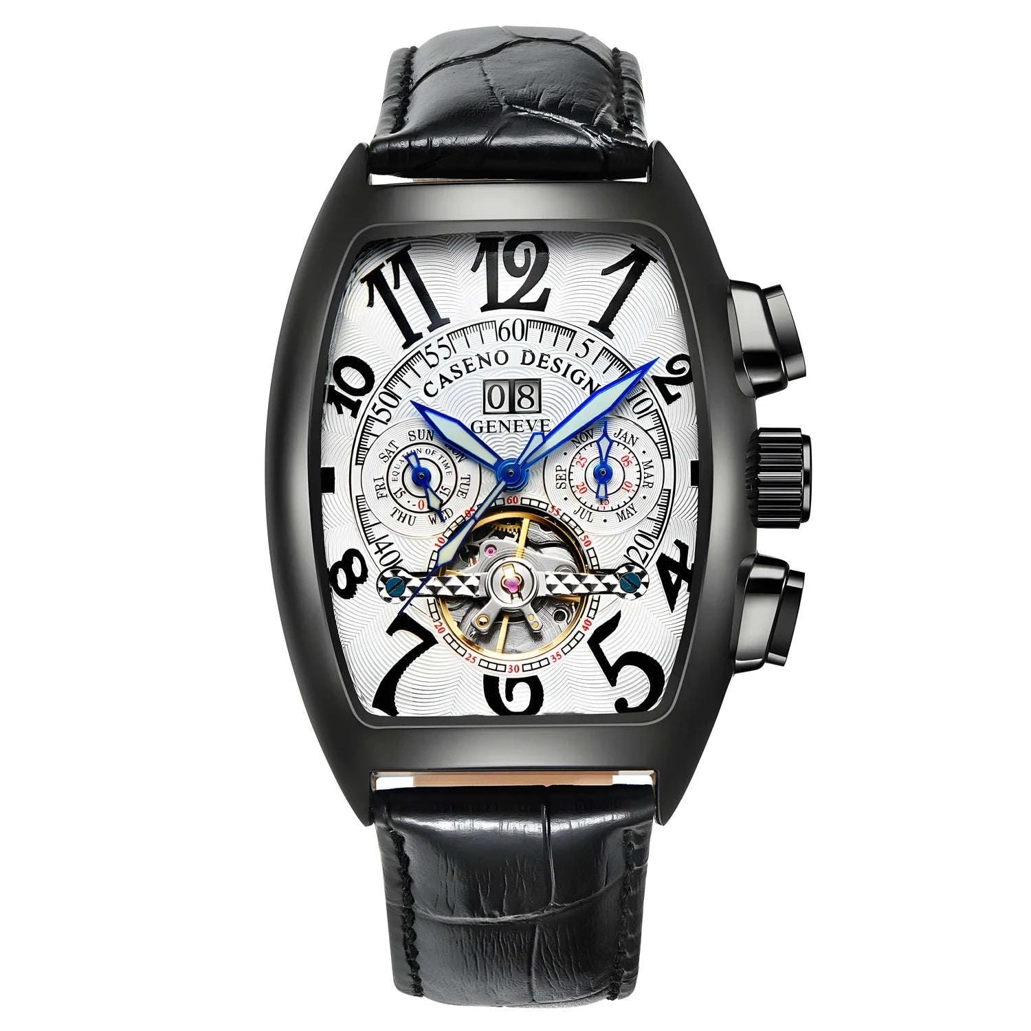 Automatic Skeleton Tourbillon Watch with Calendar and Luminous Dial-BLACK WHITE BLACK / China Mainland
