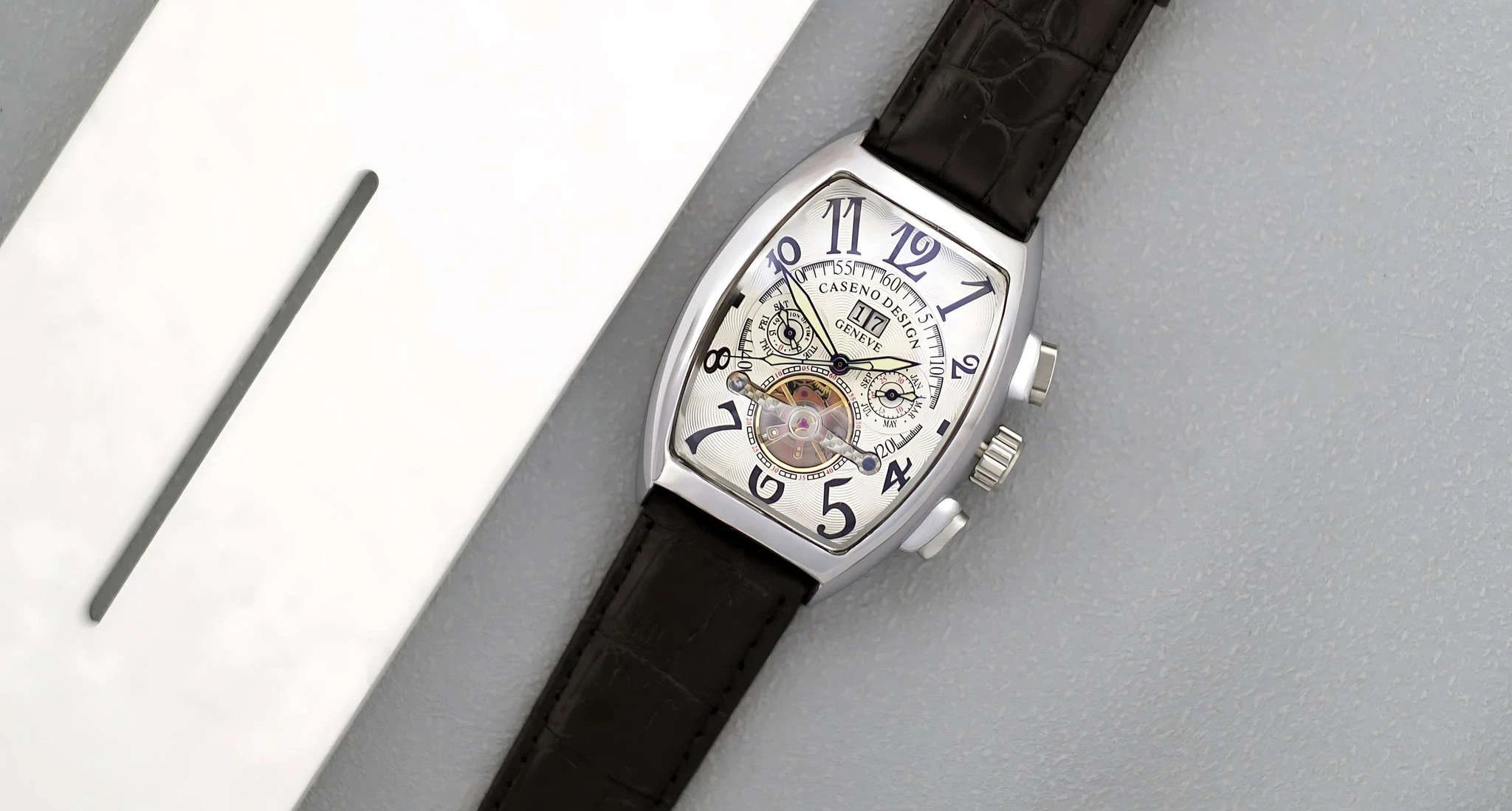 Automatic Skeleton Tourbillon Watch with Calendar and Luminous Dial-BLACK WHITE BLACK / China Mainland