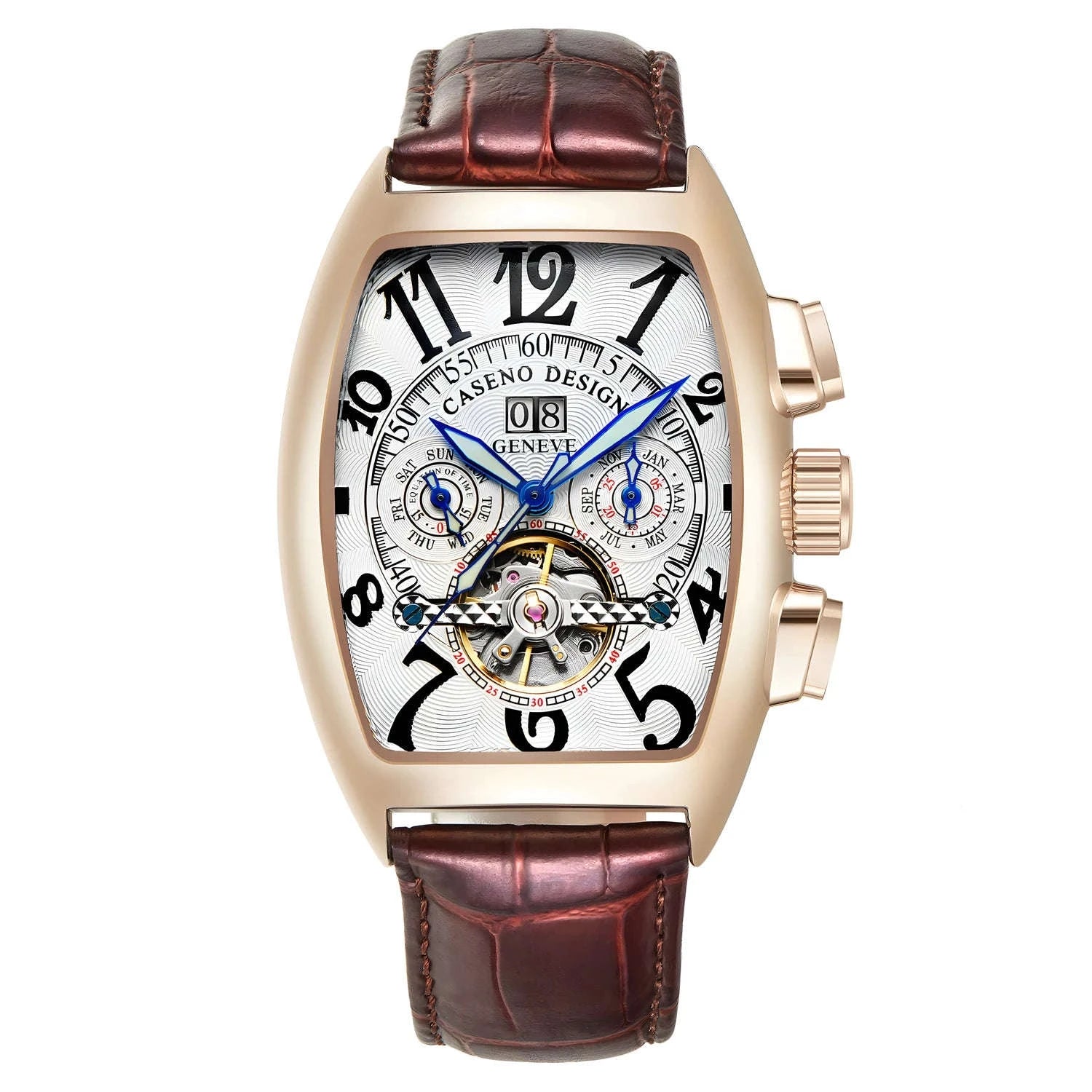 Automatic Skeleton Tourbillon Watch with Calendar and Luminous Dial-BLACK WHITE BLACK / China Mainland