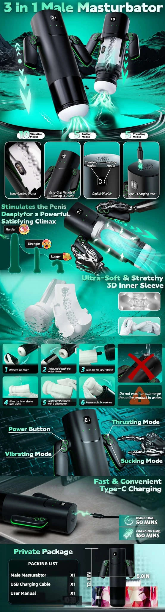 Automatic Thrusting Sucking Male Masturbator with Handle-black / CHINA