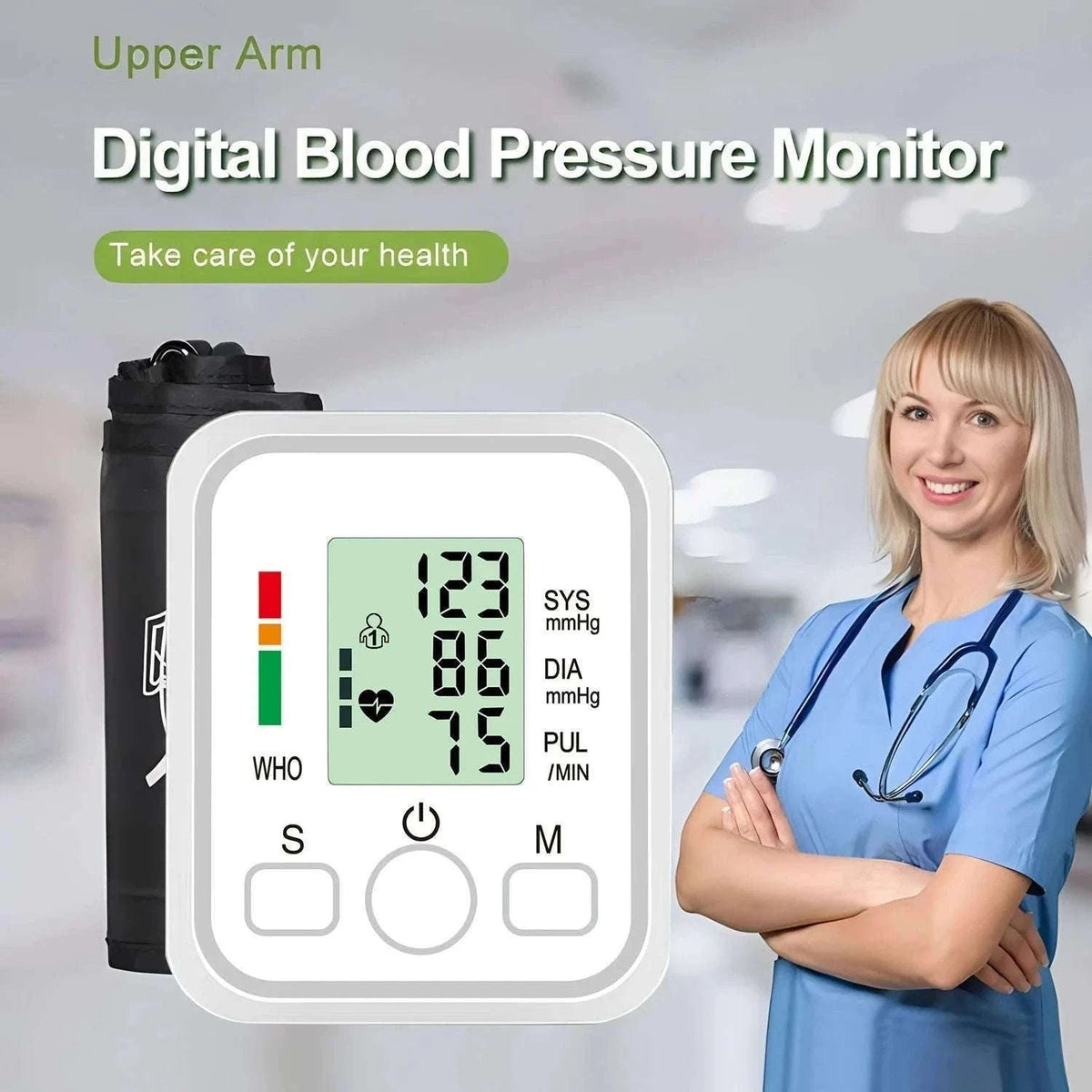 Automatic Upper Arm Blood Pressure Monitor Kit for Home Use-White
