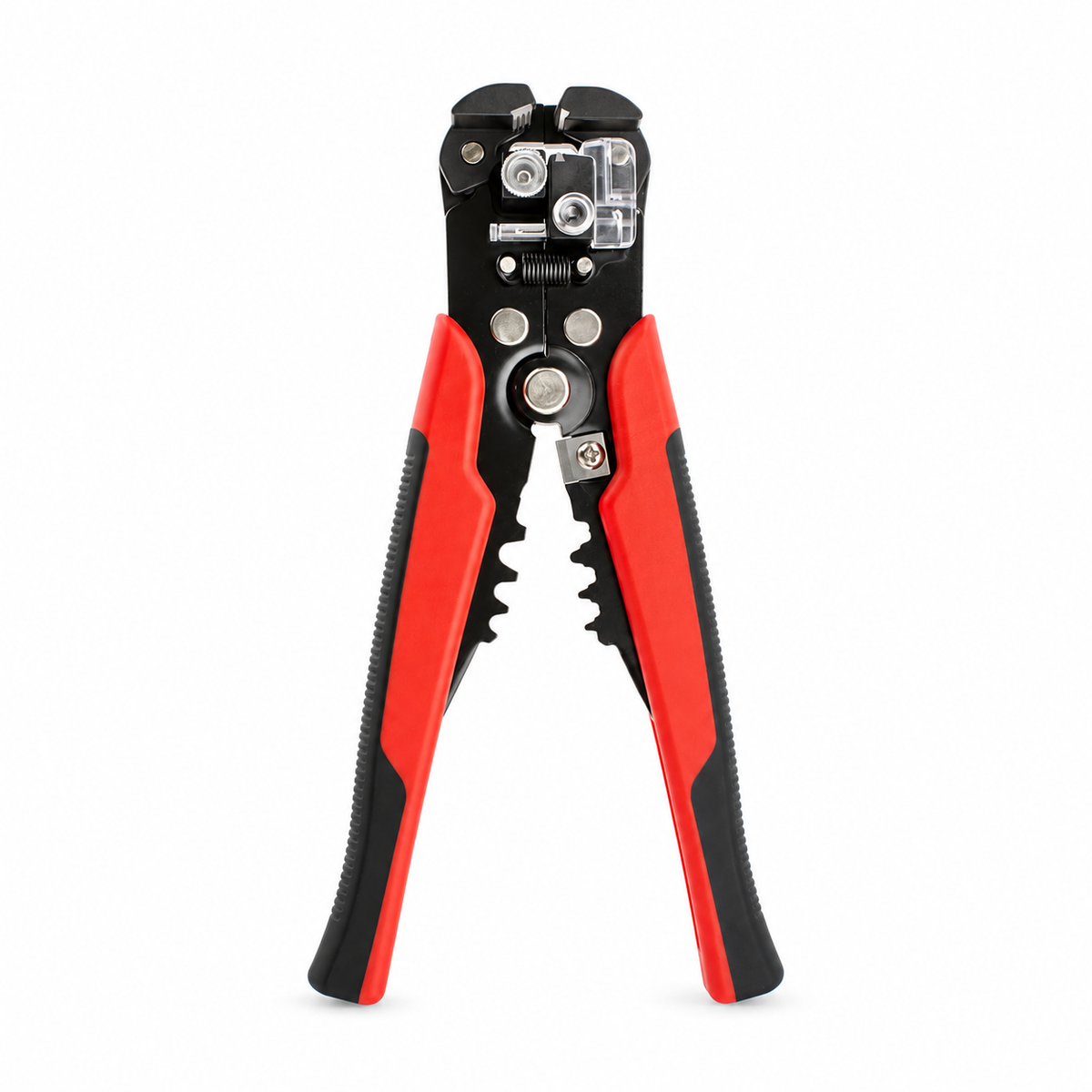 Automatic wire stripper with red and black handles on white background