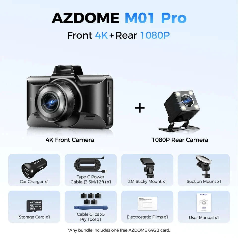 AZDOME 4K Dual Dash Cam with 3" Screen and Rear Camera-M01 Pro Front n Rear / United States / AZDOME Card 64GB