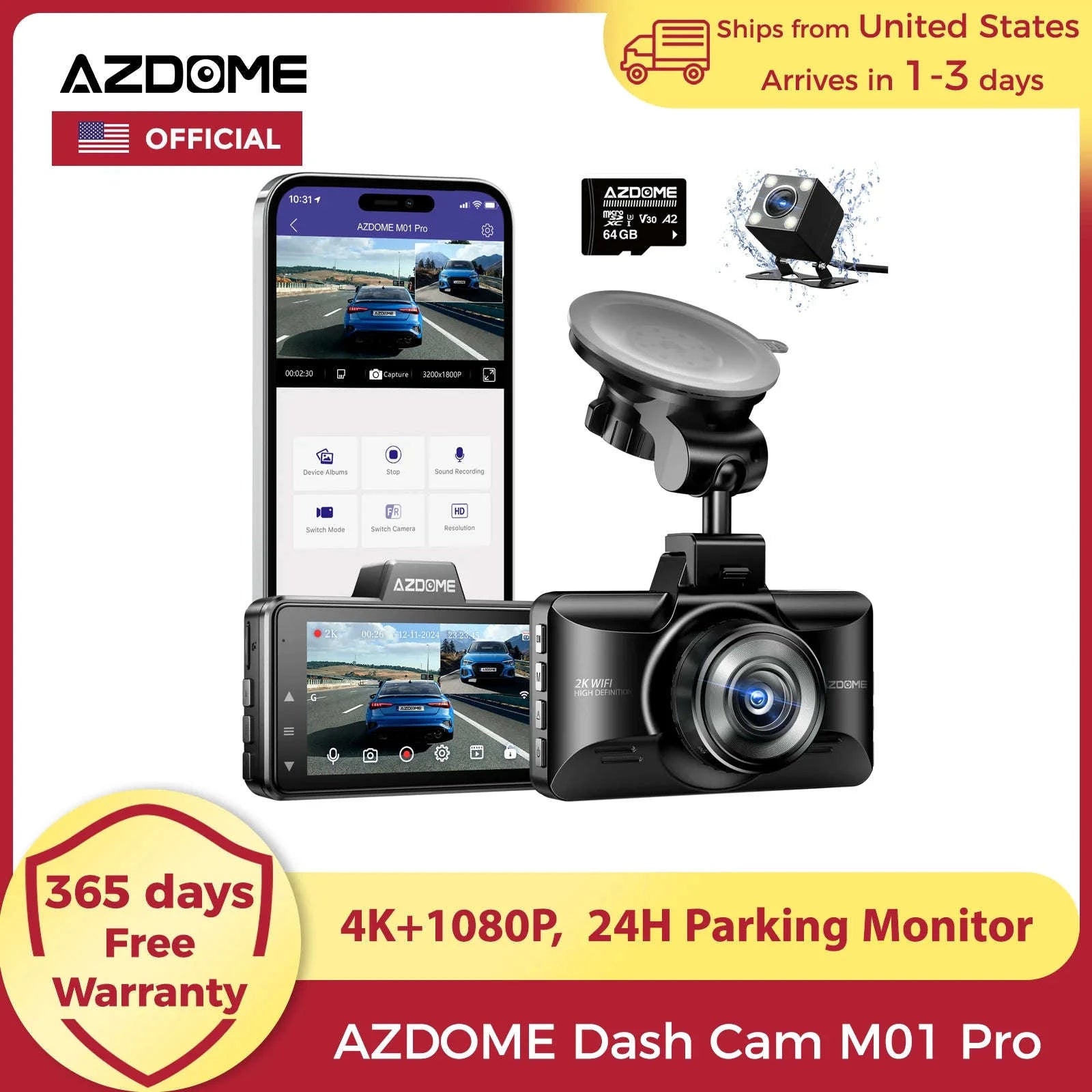 AZDOME 4K Dual Dash Cam with 3" Screen and Rear Camera-M01 Pro Front n Rear / United States / AZDOME Card 64GB
