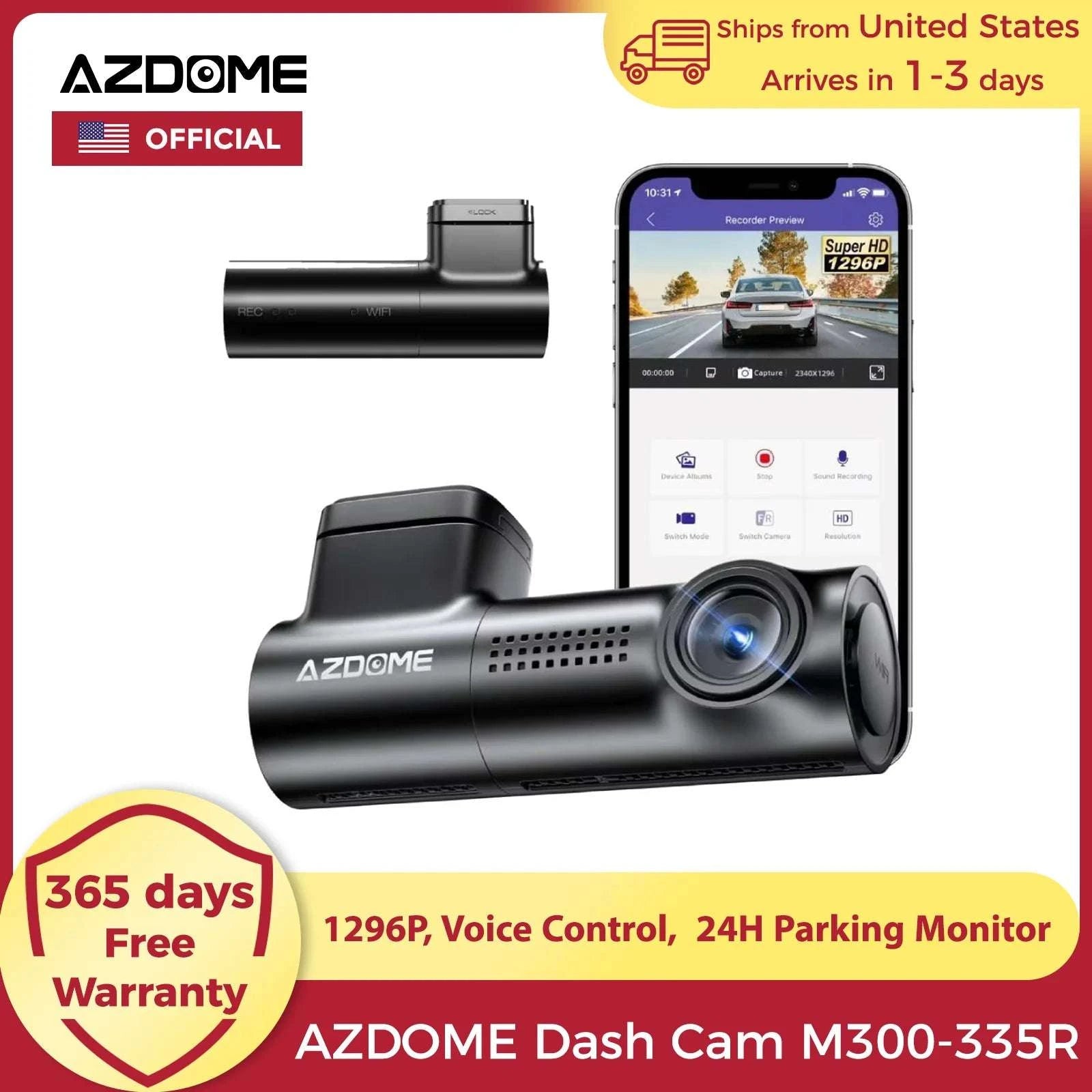 AZDOME M300 1296P Dash Cam with WiFi, Voice Control & Parking Mode-M300 Standard / United States / None