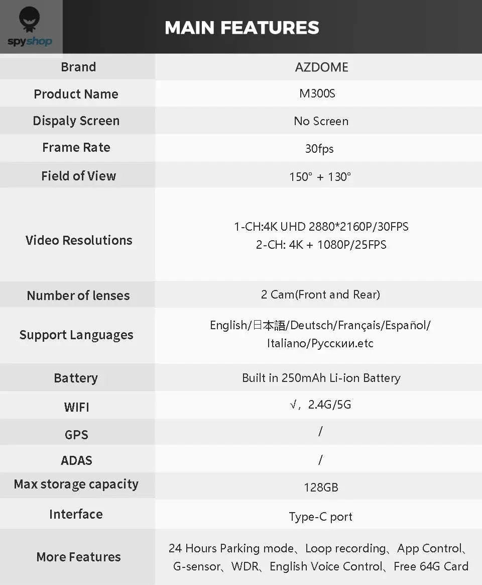 AZDOME M300S 4K Dash Cam – Dual-Channel Recording with GPS and WiFi-M300S Standard List / Saudi Arabia / Free 64GB TF Card