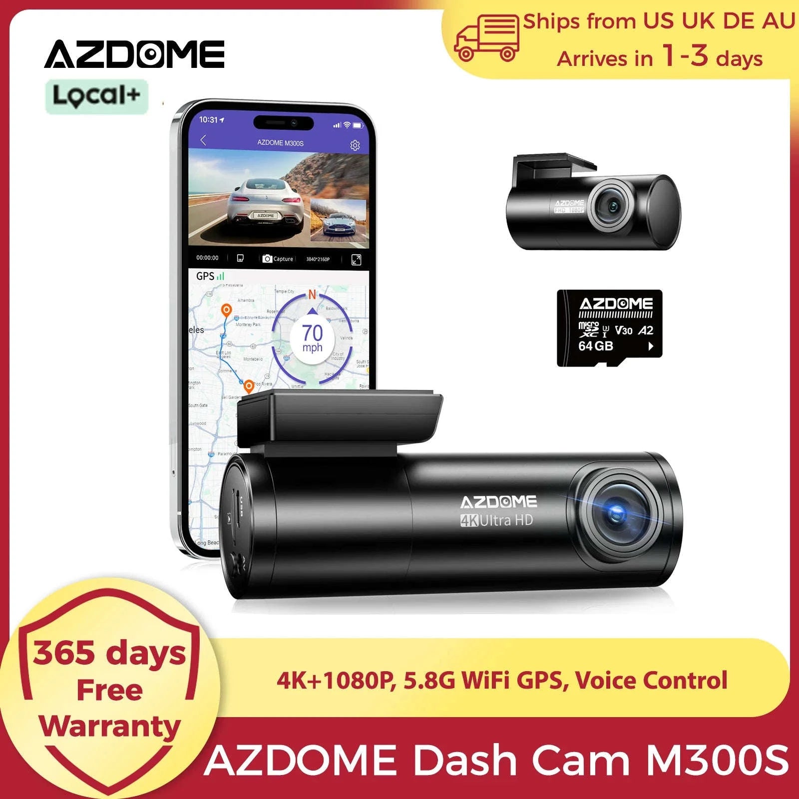 AZDOME M300S 4K Front and Rear Dash Cam with WiFi GPS-M300S Standard List / United Kingdom / Free 64GB TF Card