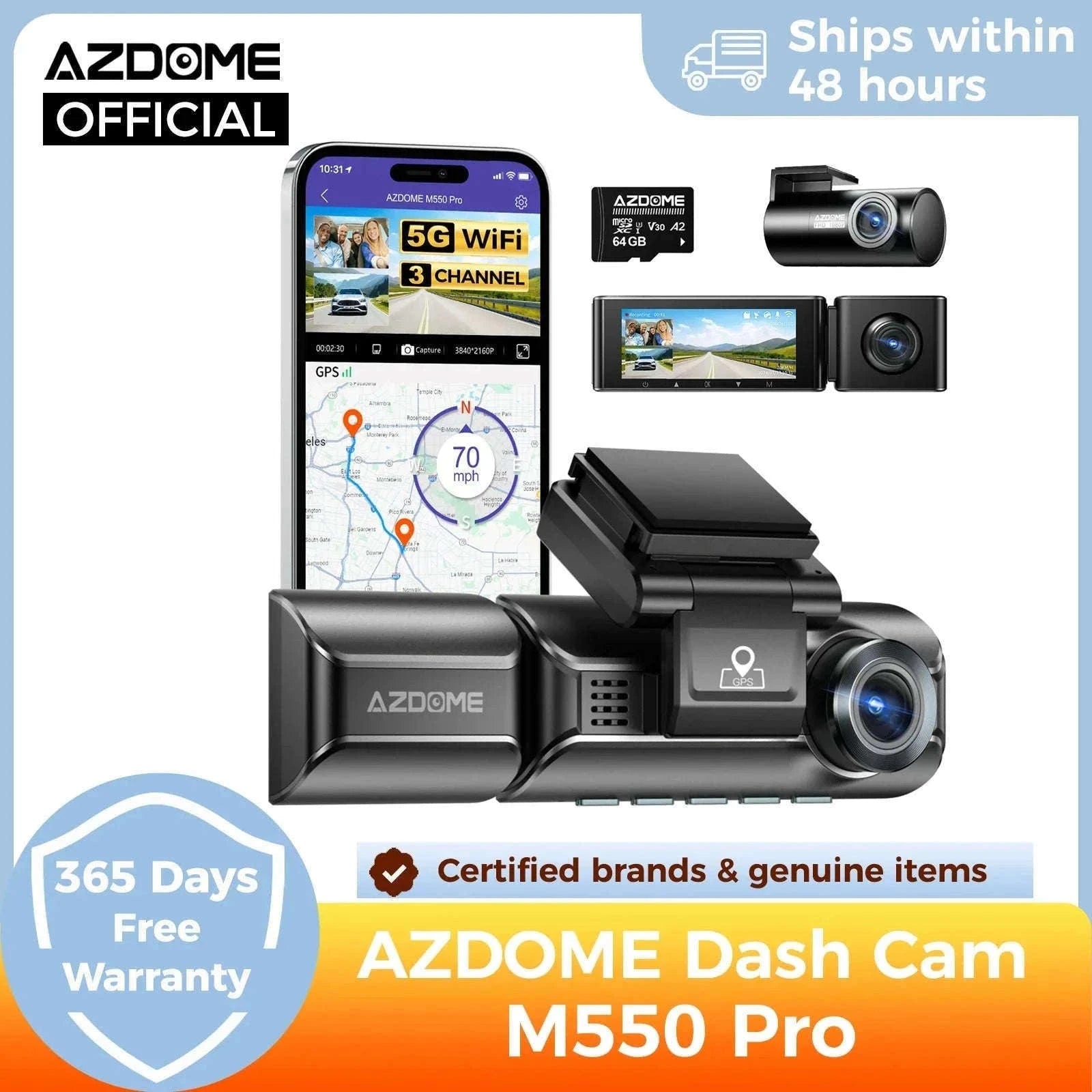 AZDOME M550 Pro 3-Channel Dash Cam with GPS & WiFi-M550 Pro (3CH) / Free 64G TF